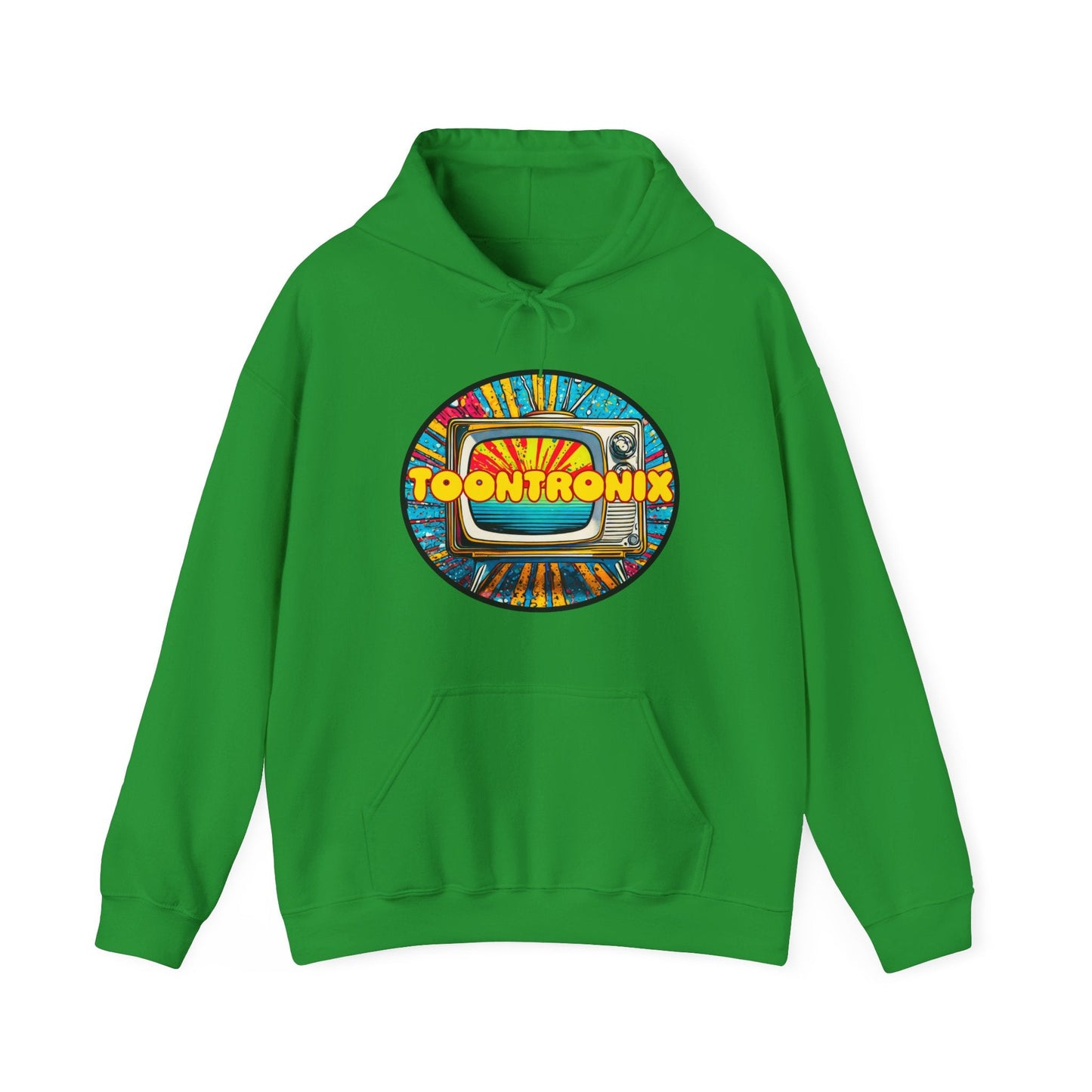 Unisex green hoodie with "Toontronix" TV graphic, featuring a kangaroo pocket and adjustable drawstring hood.