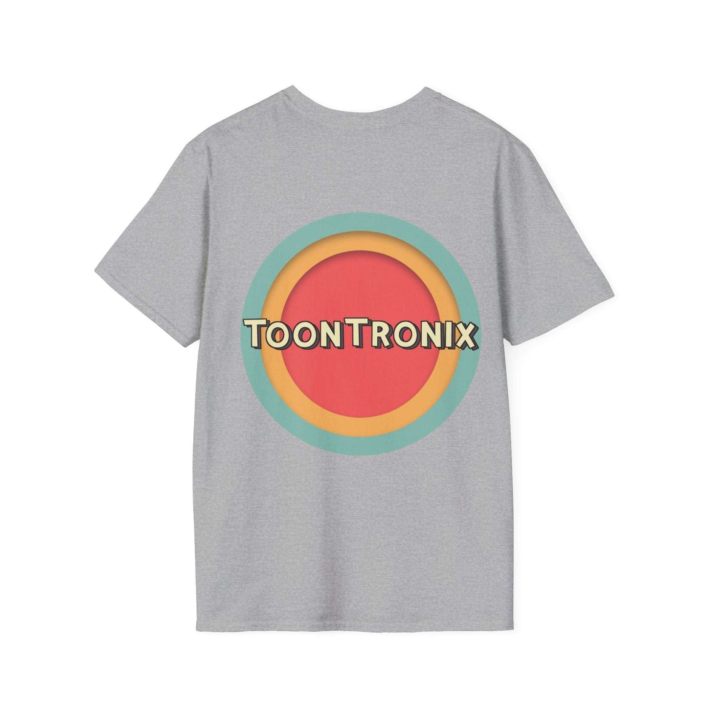 Gray Toontronix Toons Logo Tee with colorful circular logo design on back, featuring a classic fit and ribbed collar, made of 100% cotton for comfort and durability.