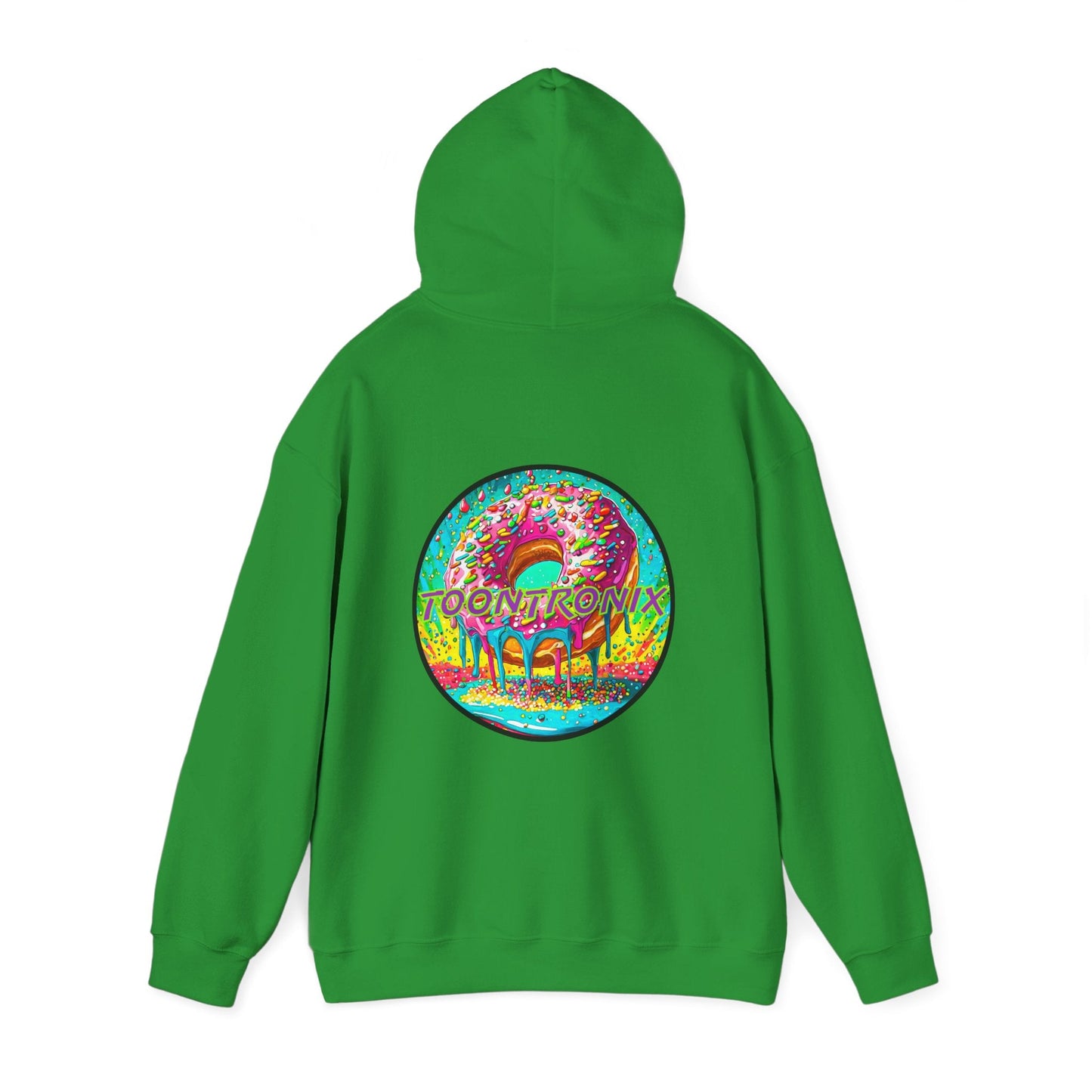 Unisex Toontronix Donut Hoodie featuring vibrant back design, cozy fit, and adjustable hood.