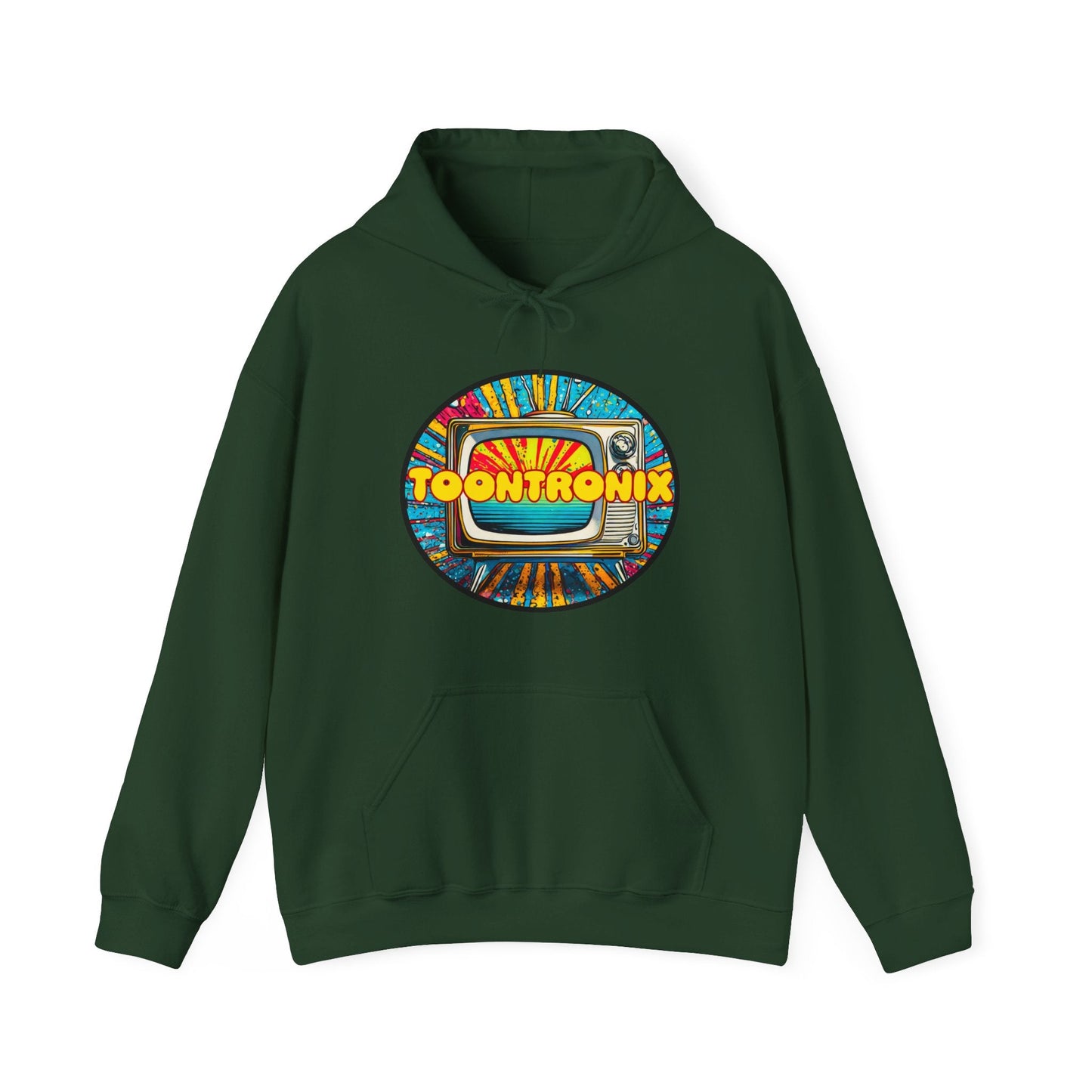 Unisex Toontronix TV Hoodie with colorful graphic, cozy kangaroo pocket, and adjustable hood for comfort and style.