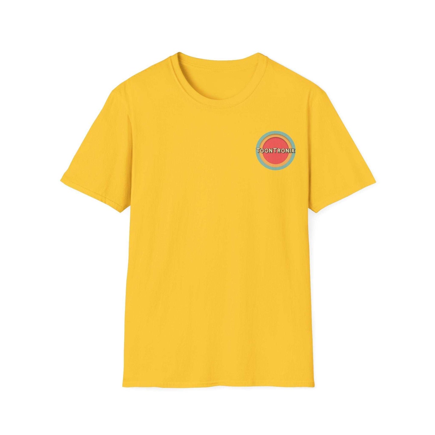 Unisex yellow Toontronix Tv Tee with ribbed collar, featuring a colorful logo.