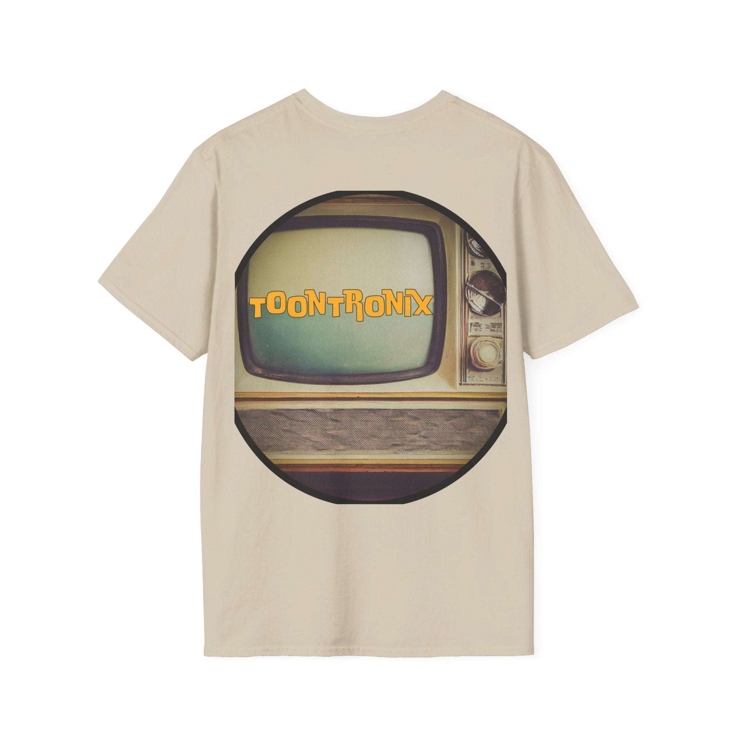 Toontronix Atomic Tv Tee with vintage cartoon design on beige fabric