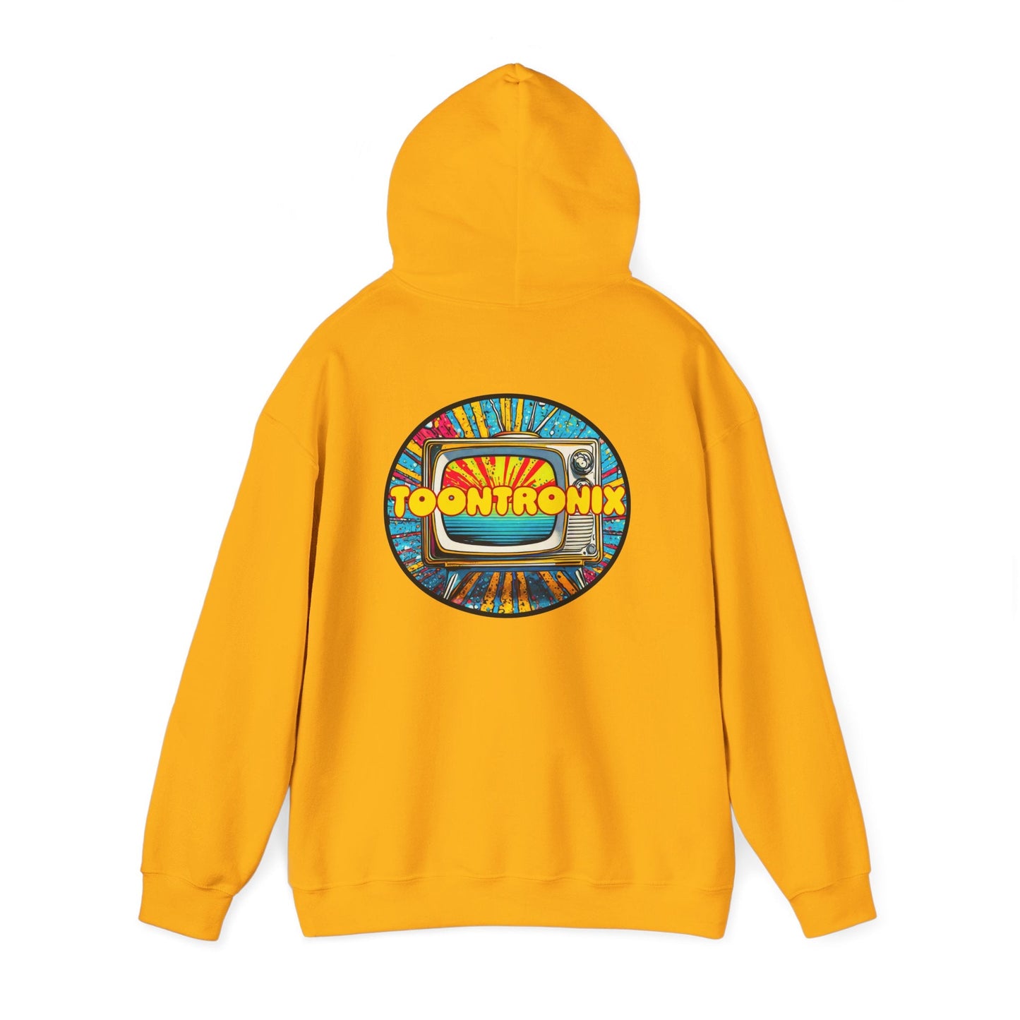 Toontronix TV Hoodie in yellow with vibrant TV print on back; unisex heavy blend sweatshirt.