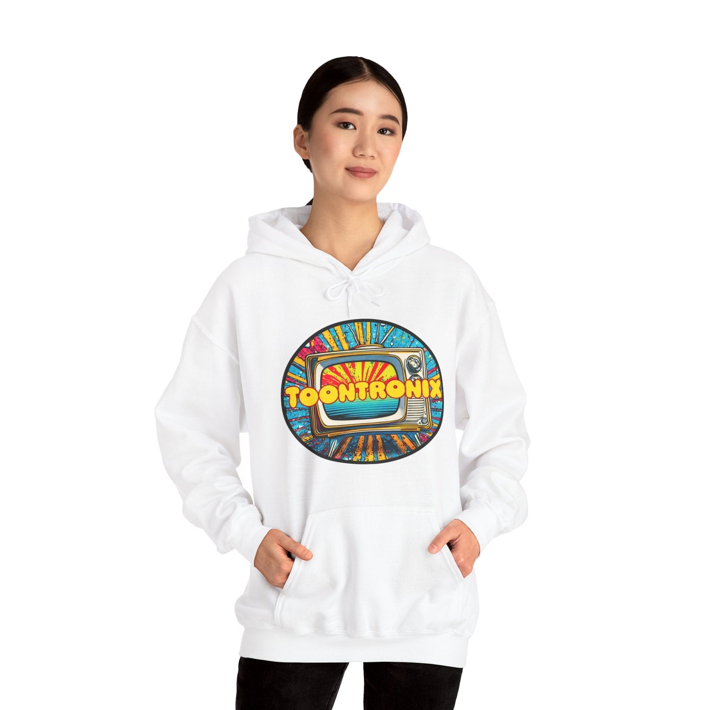 Unisex Toontronix TV Hoodie with colorful logo design, featuring a cozy kangaroo pocket and adjustable drawstring hood.