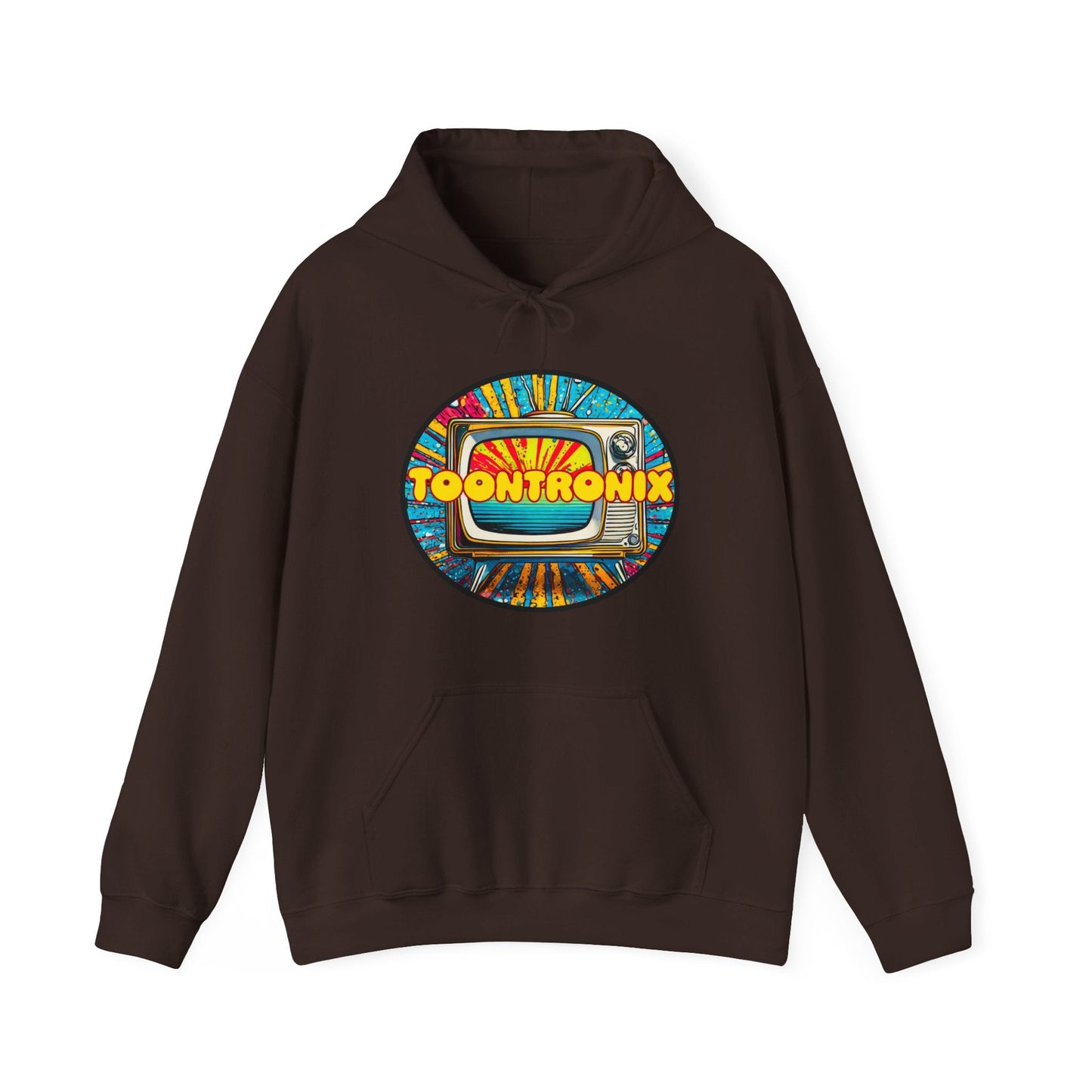 Unisex Toontronix TV Hoodie with colorful design and kangaroo pocket.