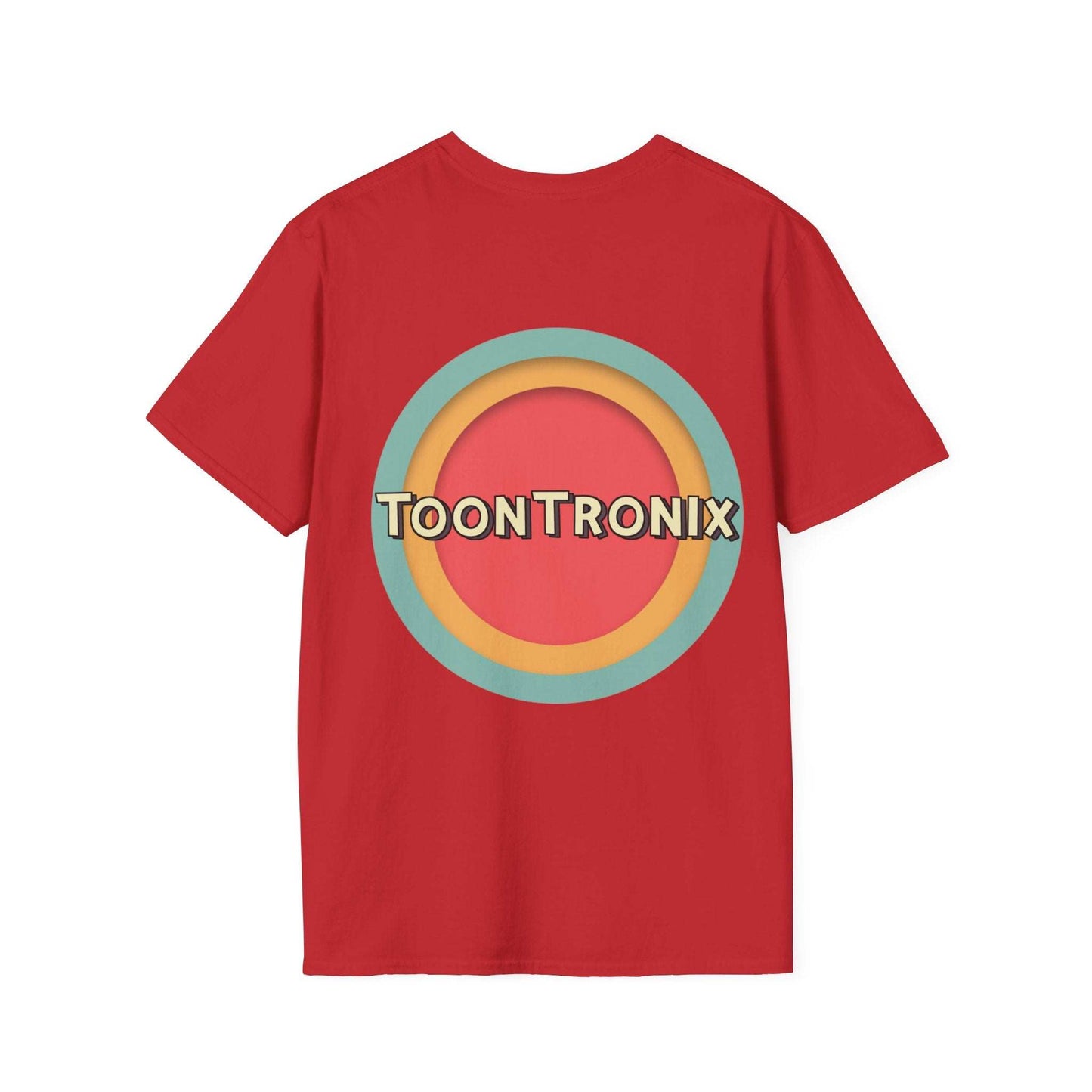 Toontronix Toons Logo Tee in red with classic fit and colorful logo design.