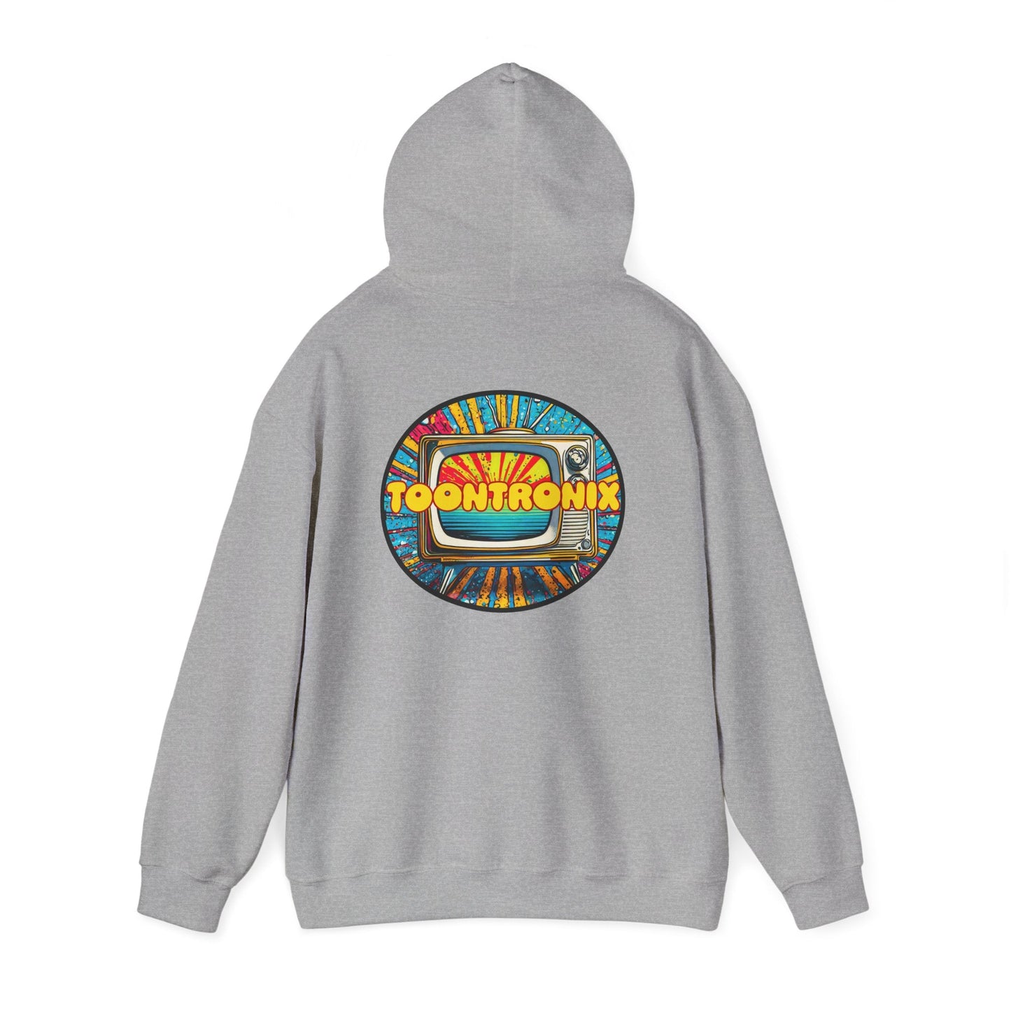 Toontronix TV Hoodie with graphic back design, unisex heavy blend sweatshirt in gray.