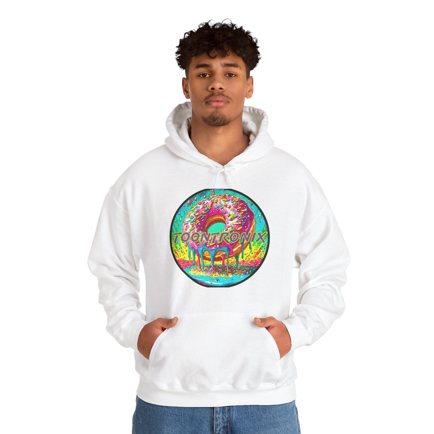 Unisex Toontronix Donut Hoodie with vibrant design, spacious kangaroo pocket, and adjustable drawstring hood.