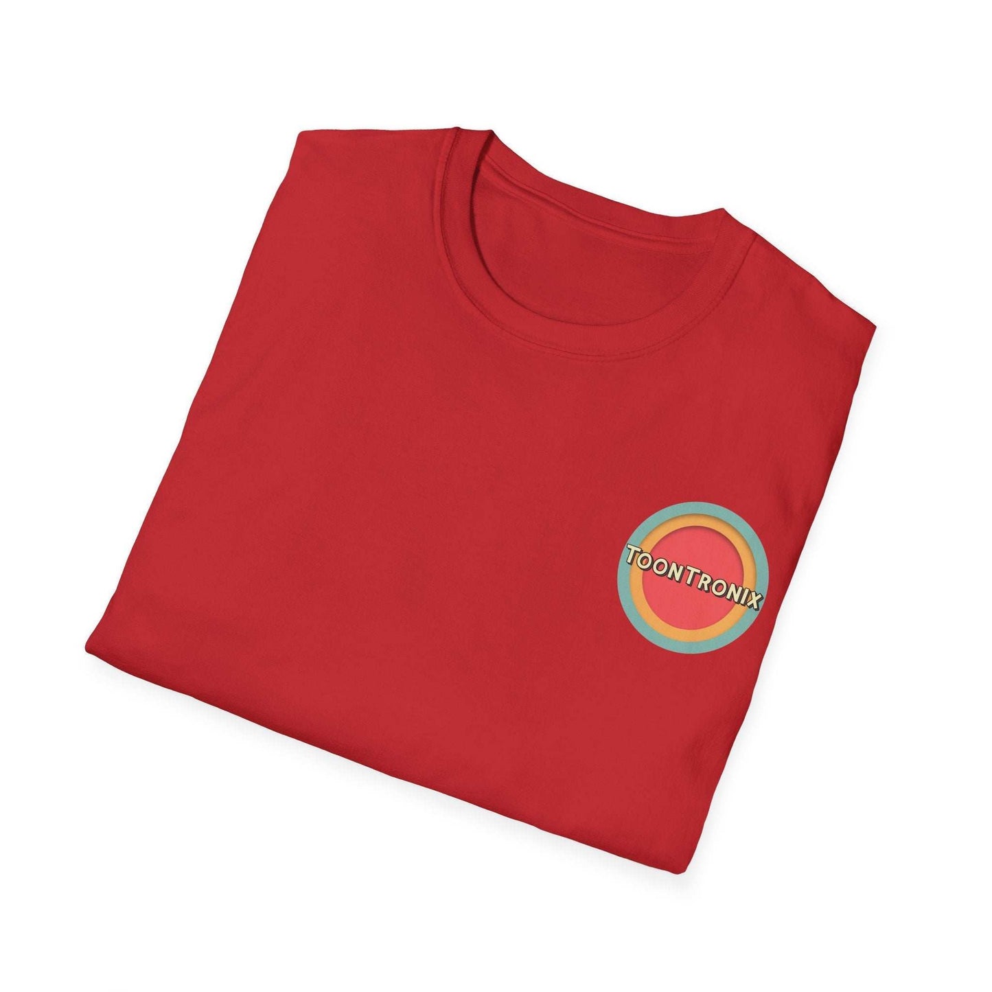 Red Toontronix Donut Tee Unisex Shirt with a classic fit and ribbed collar, featuring a colorful donut design with Toontronix logo.