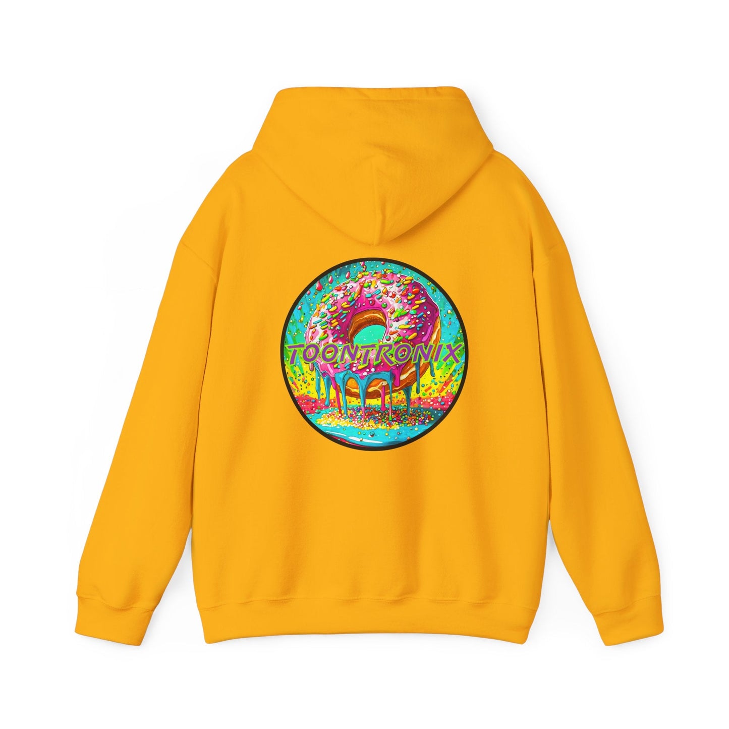 Unisex Hoodie with Toontronix Donut design, featuring kangaroo pocket and adjustable hood for comfort and style.