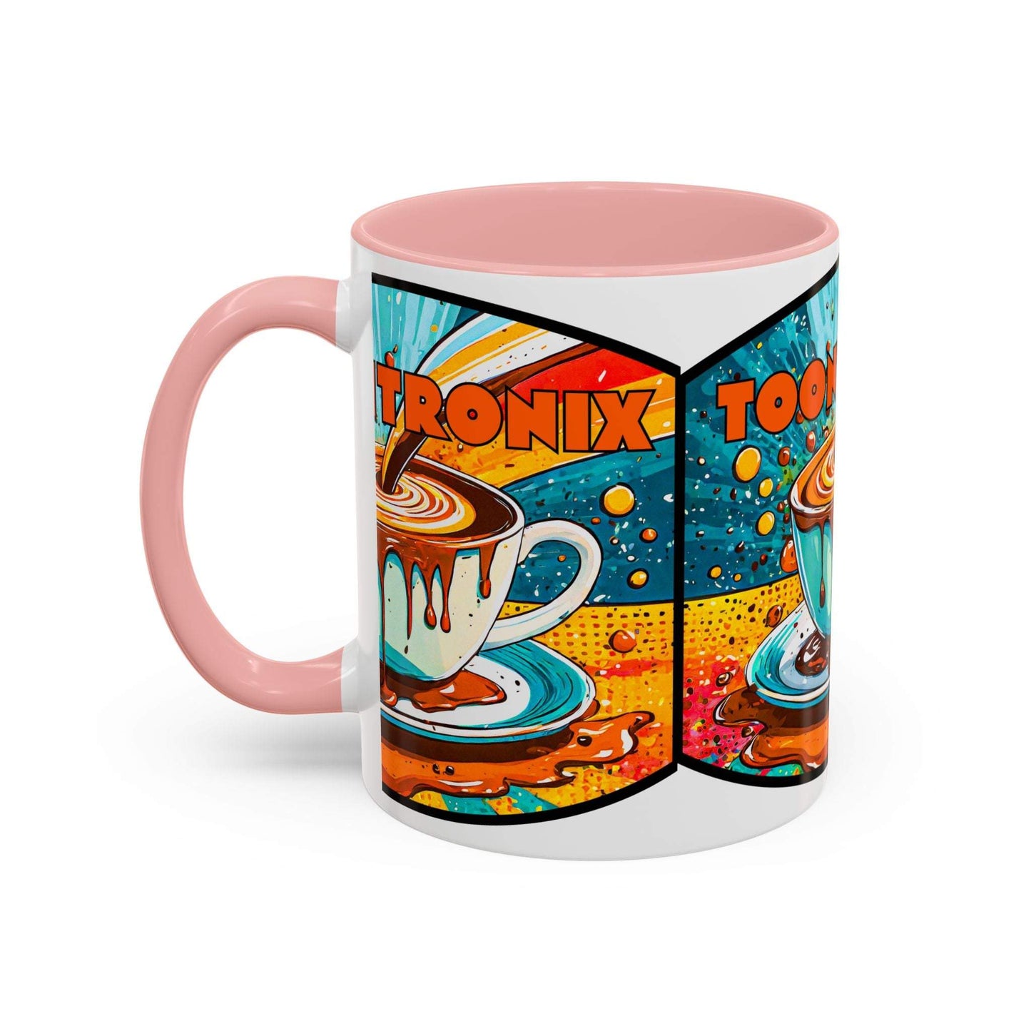 Vibrant Coffee Mug with colorful retro art and pink handle.