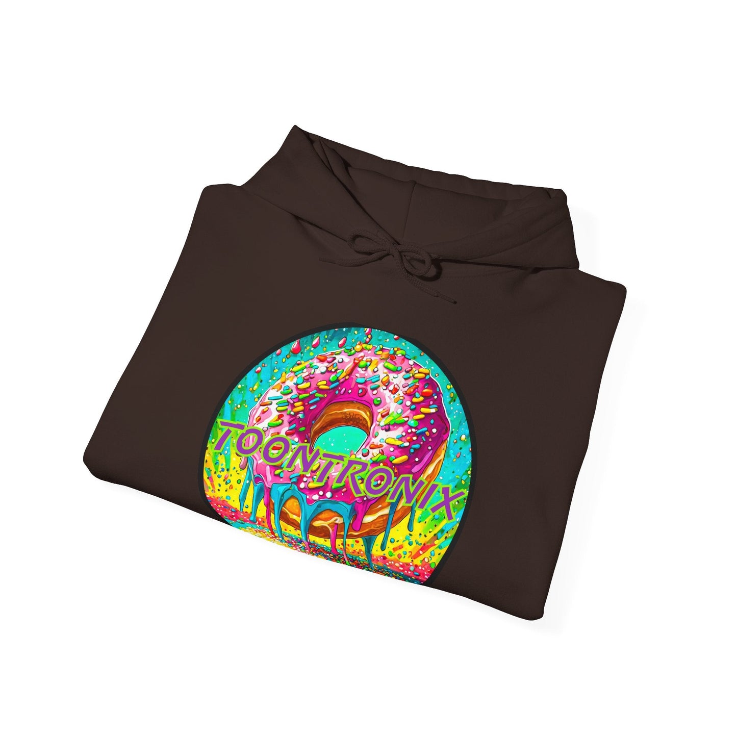 Unisex Toontronix Donut Hoodie with vibrant donut design on heavy blend fabric.