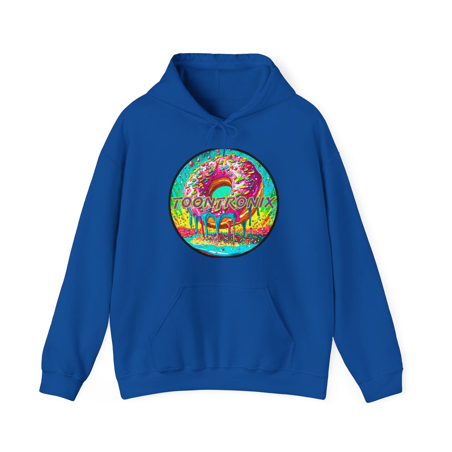 Unisex Toontronix Donut Hoodie with vibrant logo, in a classic fit, featuring an adjustable drawstring hood and kangaroo pocket.