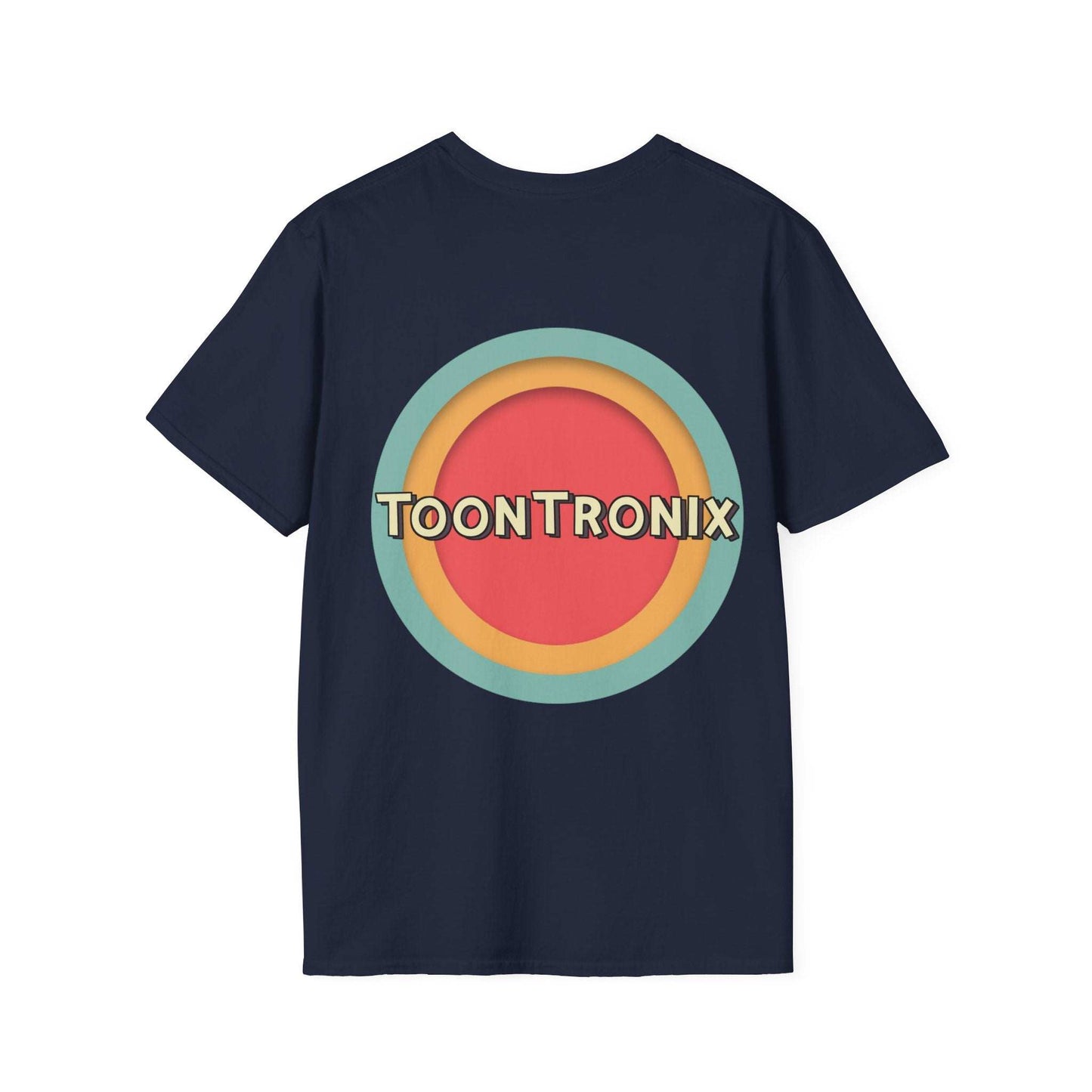 Toontronix Toons Logo Tee with colorful logo on the back, classic fit, ribbed collar, 100% cotton.