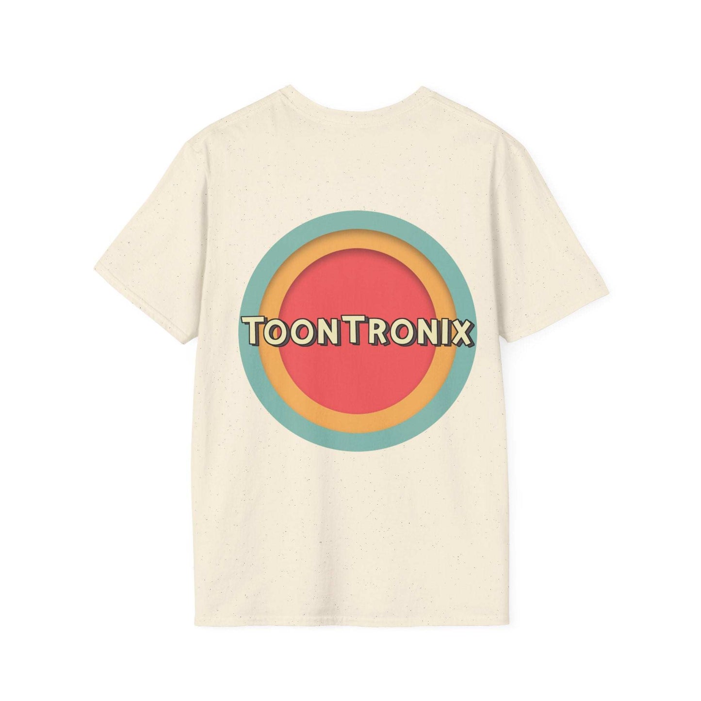Toontronix Toons Logo Tee with colorful logo design on back, classic fit, ribbed collar, 100% cotton.