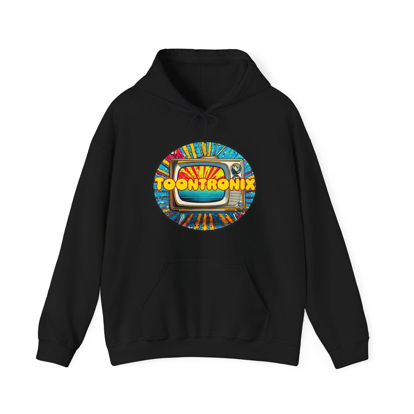 Unisex Toontronix TV Hoodie with colorful graphic design, spacious kangaroo pocket, and adjustable drawstring hood.