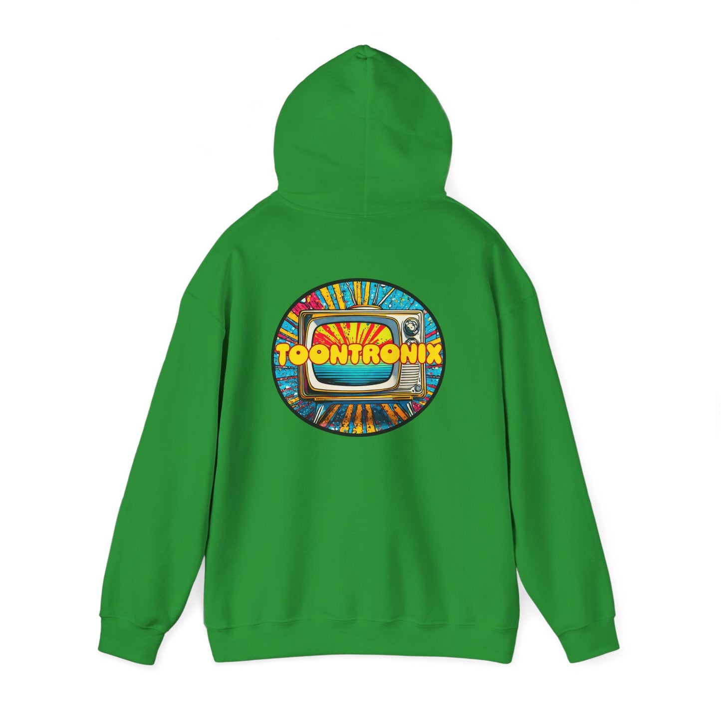Green Toontronix TV Hoodie with colorful graphic design on the back, unisex style.