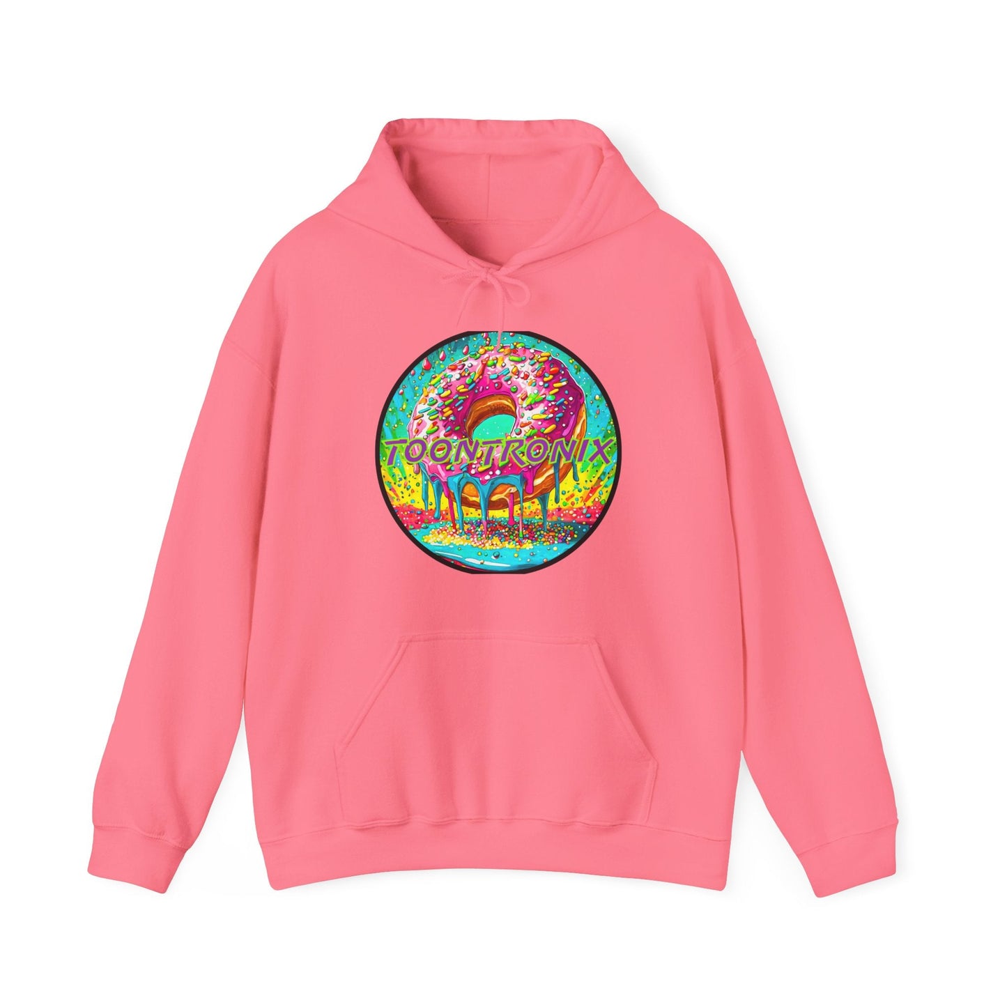Toontronix Donut Hoodie - Unisex Heavy Blend Sweatshirt with colorful design and kangaroo pocket.