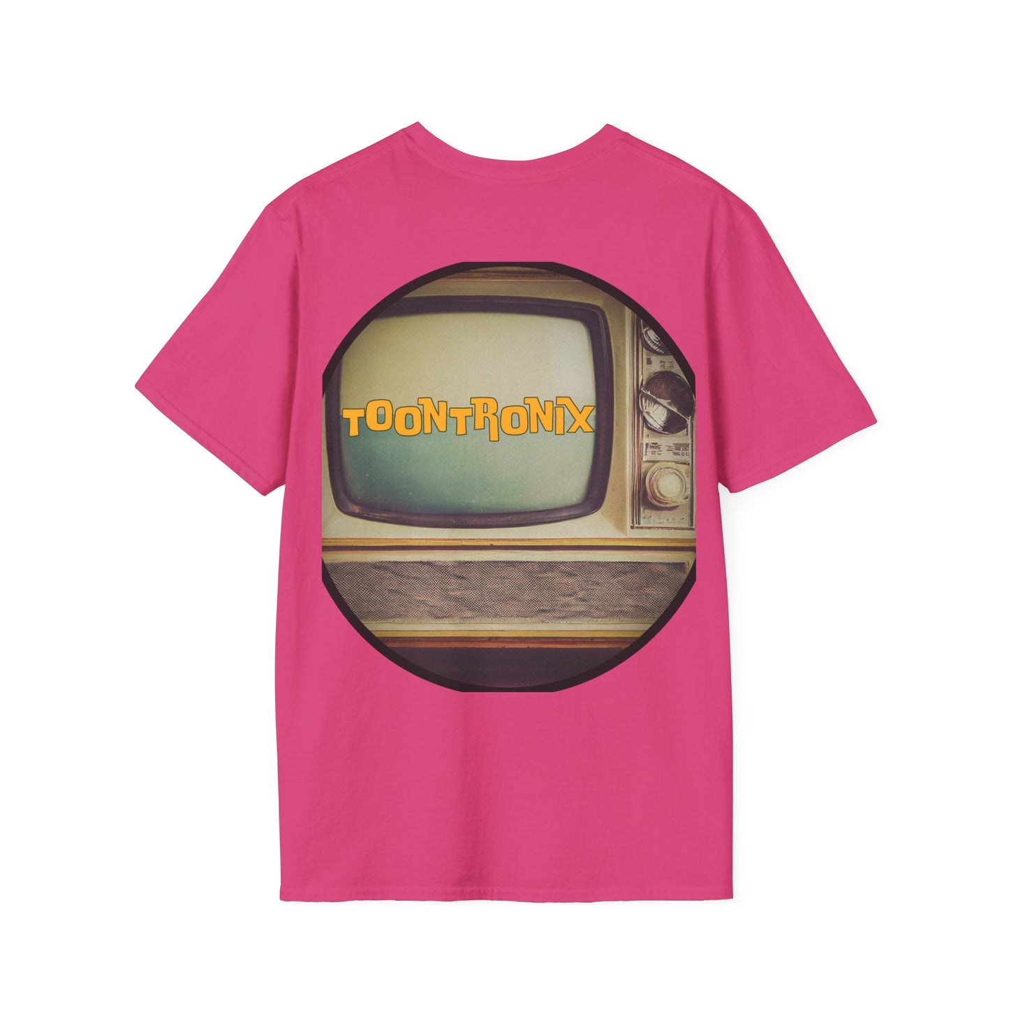 Toontronix Atomic Tv Tee with vintage cartoon design on pink t-shirt.
