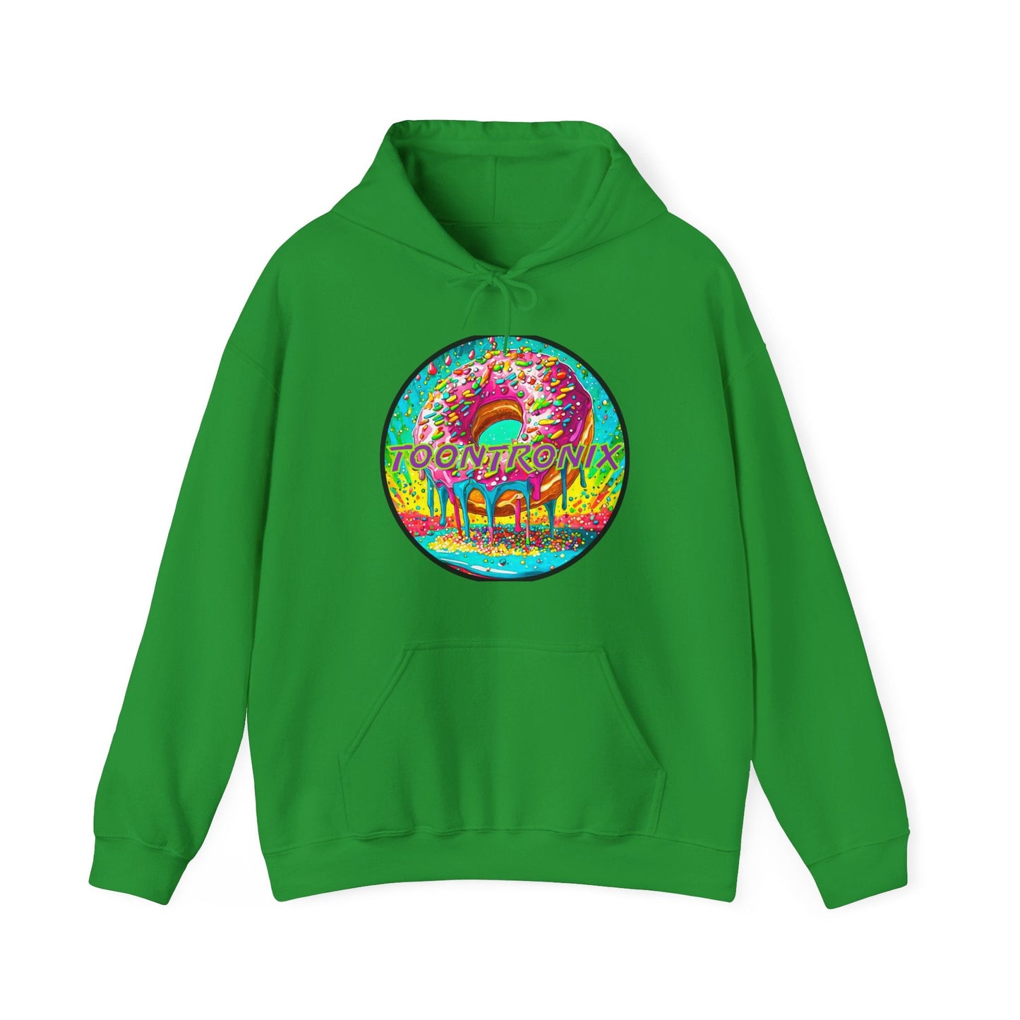 Unisex Toontronix Donut Hoodie in green with vibrant donut graphic on front.