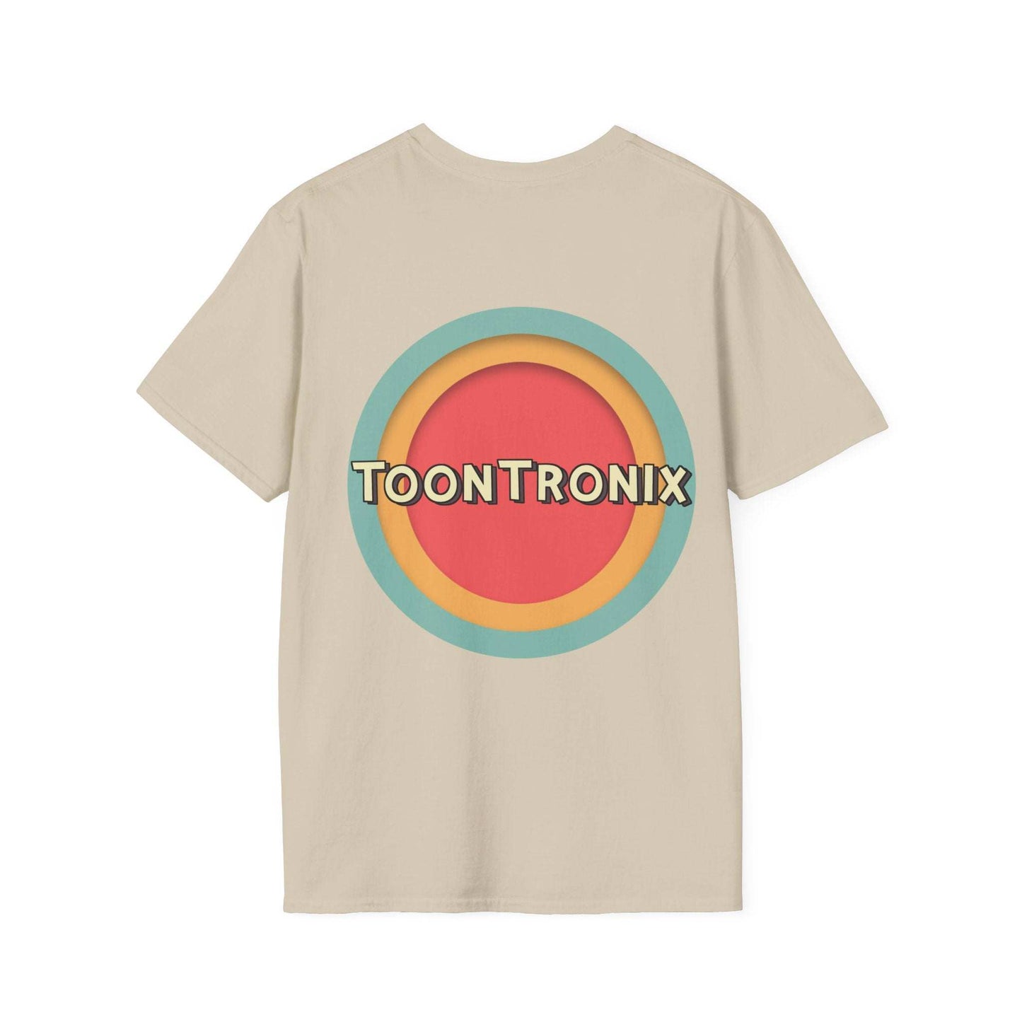 Toontronix Toons Logo Tee in beige with colorful circular logo design on the back.