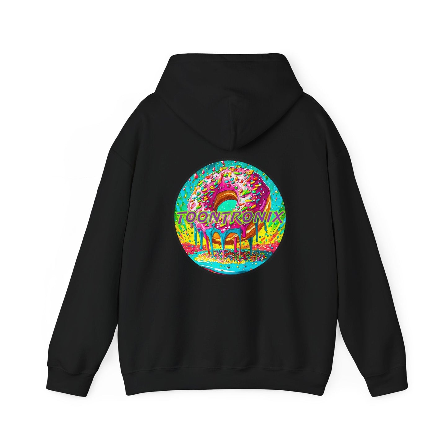 Unisex Toontronix Donut Hoodie in black featuring a colorful donut design on the back.
