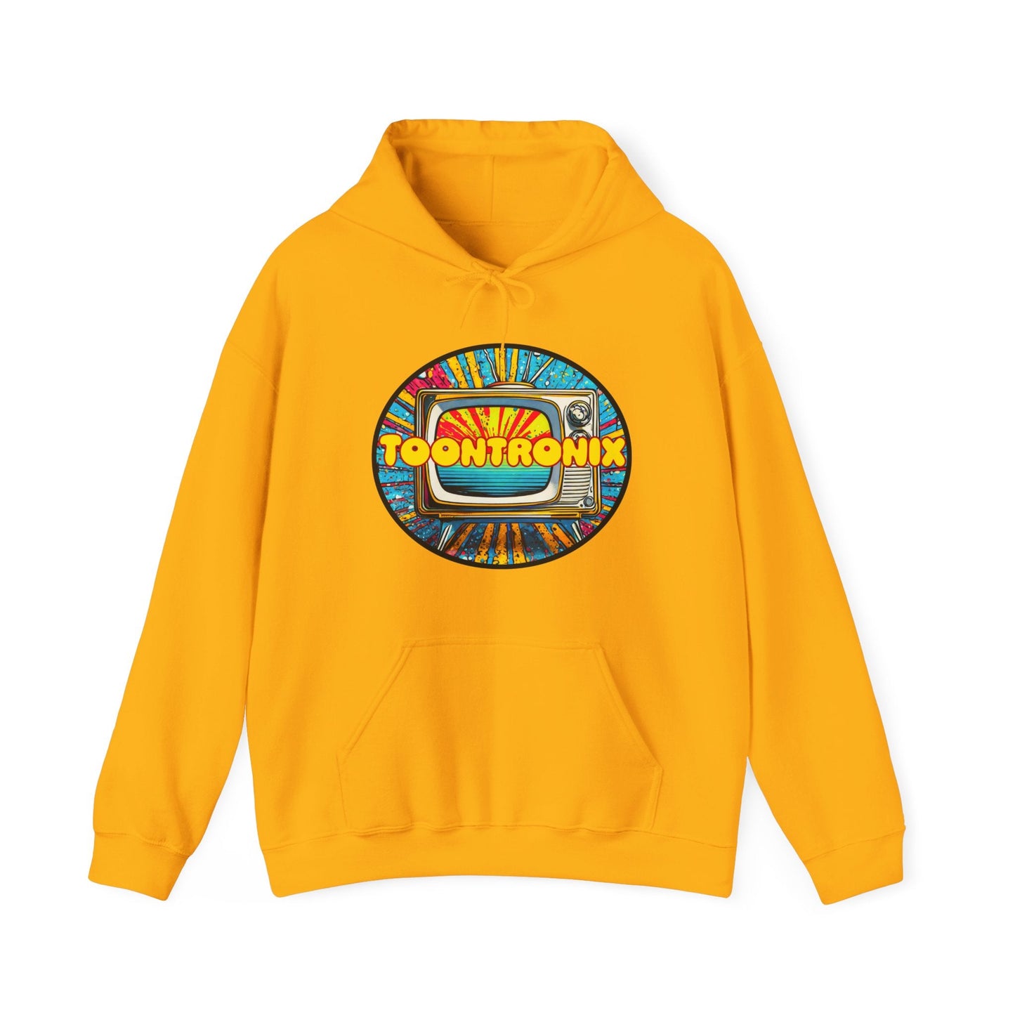 Unisex Toontronix TV Hoodie in yellow with colorful logo, featuring kangaroo pocket and adjustable drawstring hood.