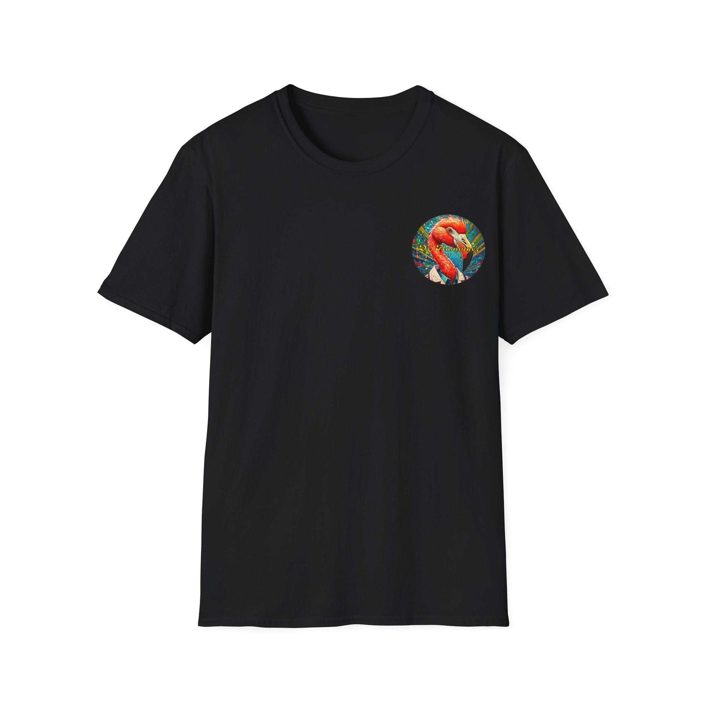 Black "Dr. Flamingoz" unisex T-shirt featuring a colorful flamingo graphic; perfect for casual summer wear and fans of animated characters.