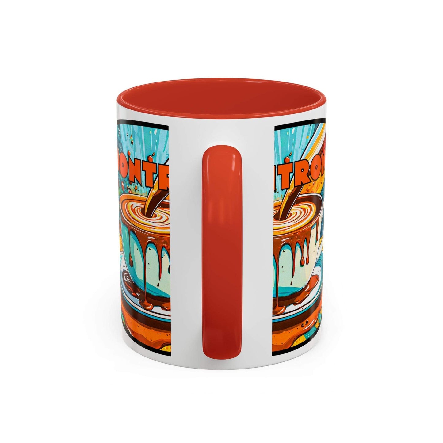 Vibrant Coffee Mug with Retro Art Design, Colorful Ceramic Cup, Unique Kitchen Decor.
