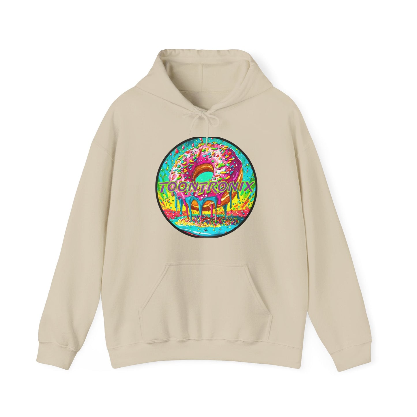 Unisex Toontronix Donut Hoodie with colorful graphic and kangaroo pocket.