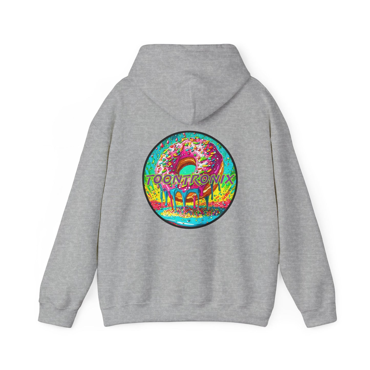Unisex gray Toontronix Donut Hoodie with vibrant graphic on back, featuring warm kangaroo pocket and adjustable hood.