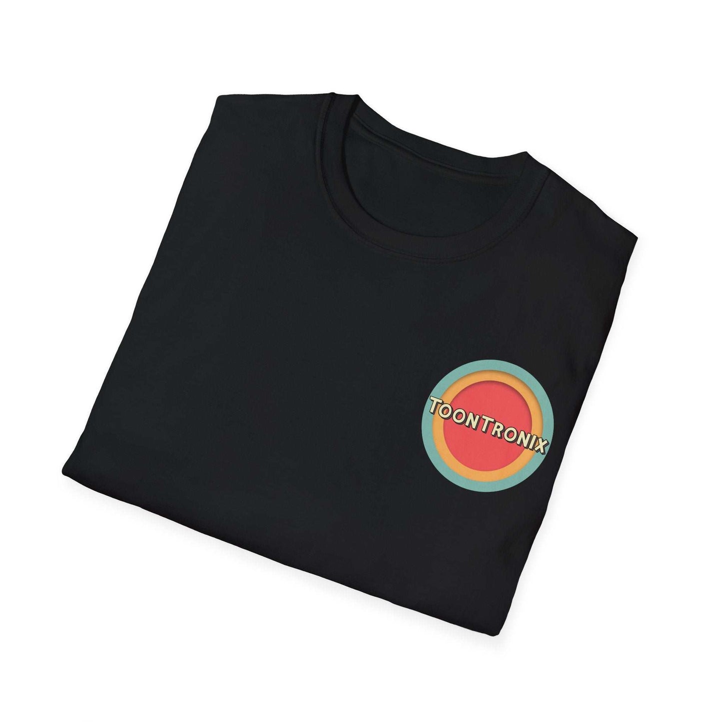 Toontronix Toons Logo Tee in black with classic fit and ribbed collar, featuring colorful logo.