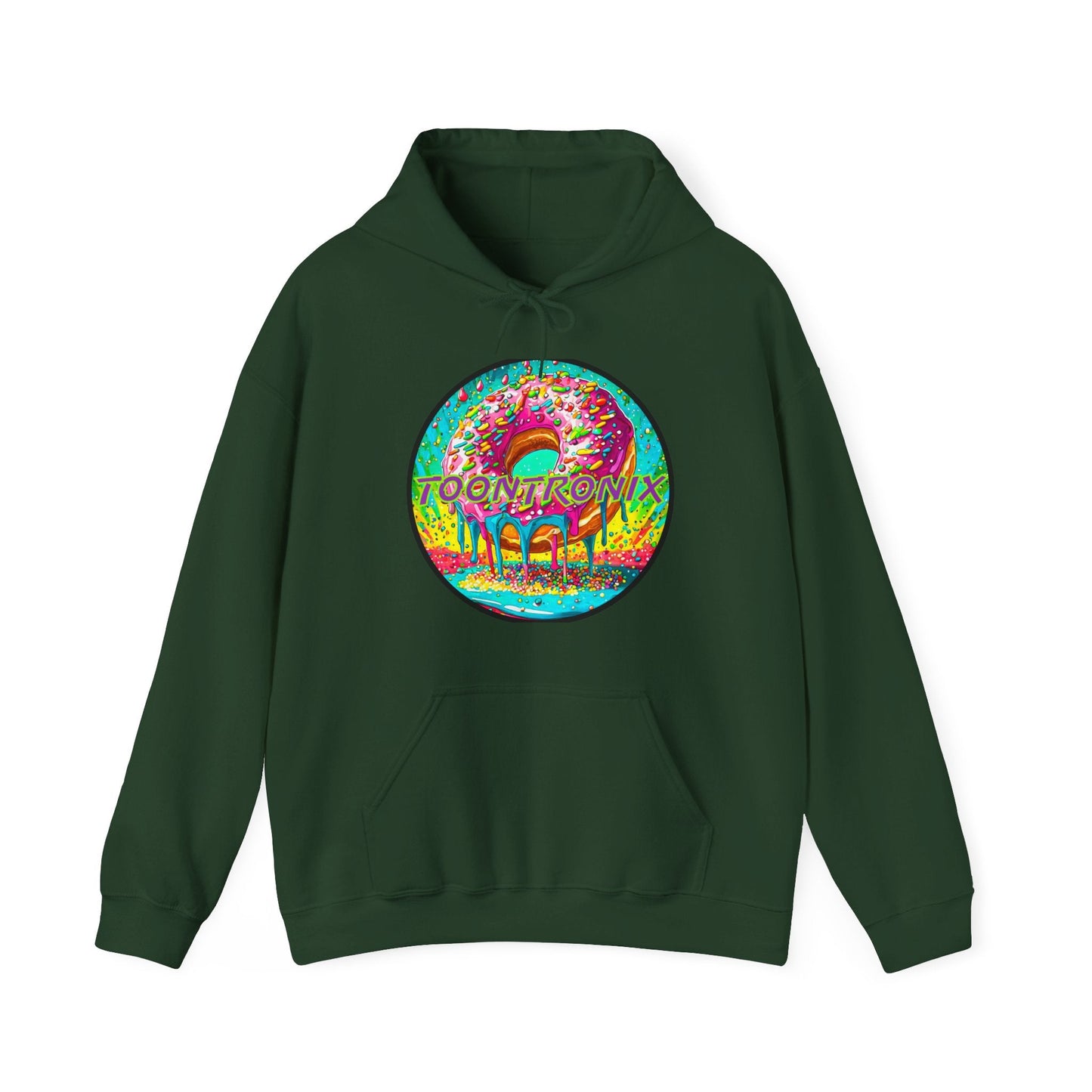 Unisex Toontronix Donut Hoodie featuring colorful logo on front.