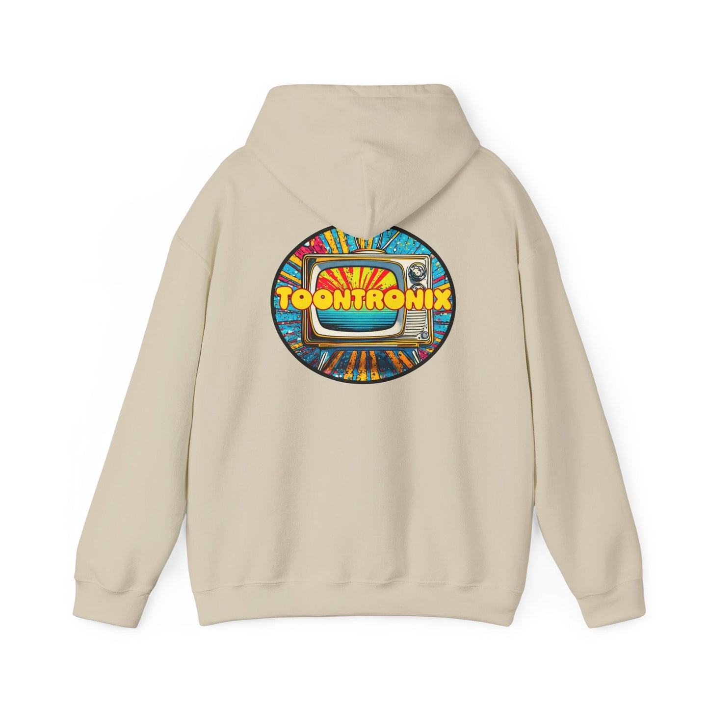 Toontronix Donut Hoodie with colorful TV graphic on back, unisex, heavy blend sweatshirt, beige color.