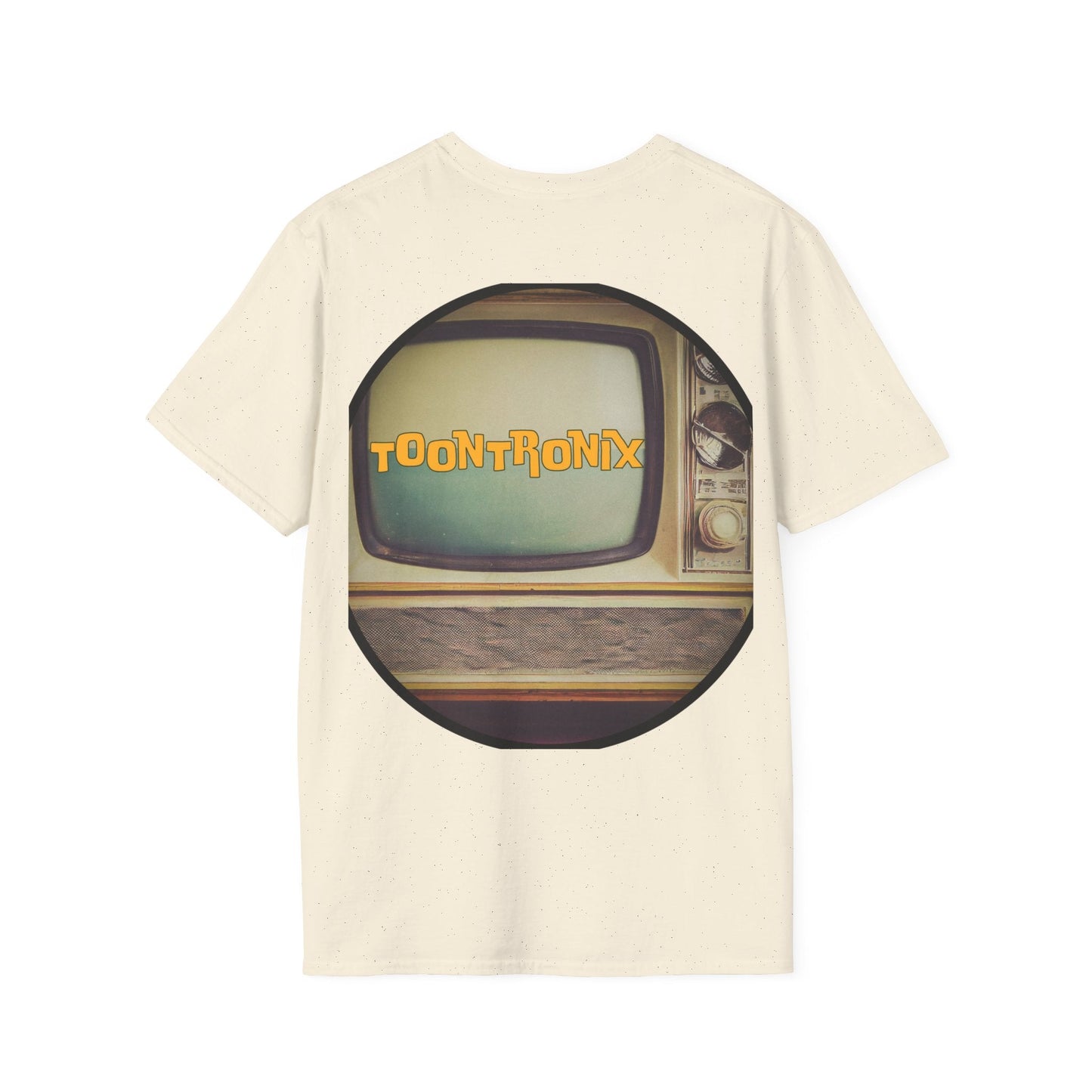 Toontronix Atomic Tv Tee with vintage cartoon design on beige fabric.