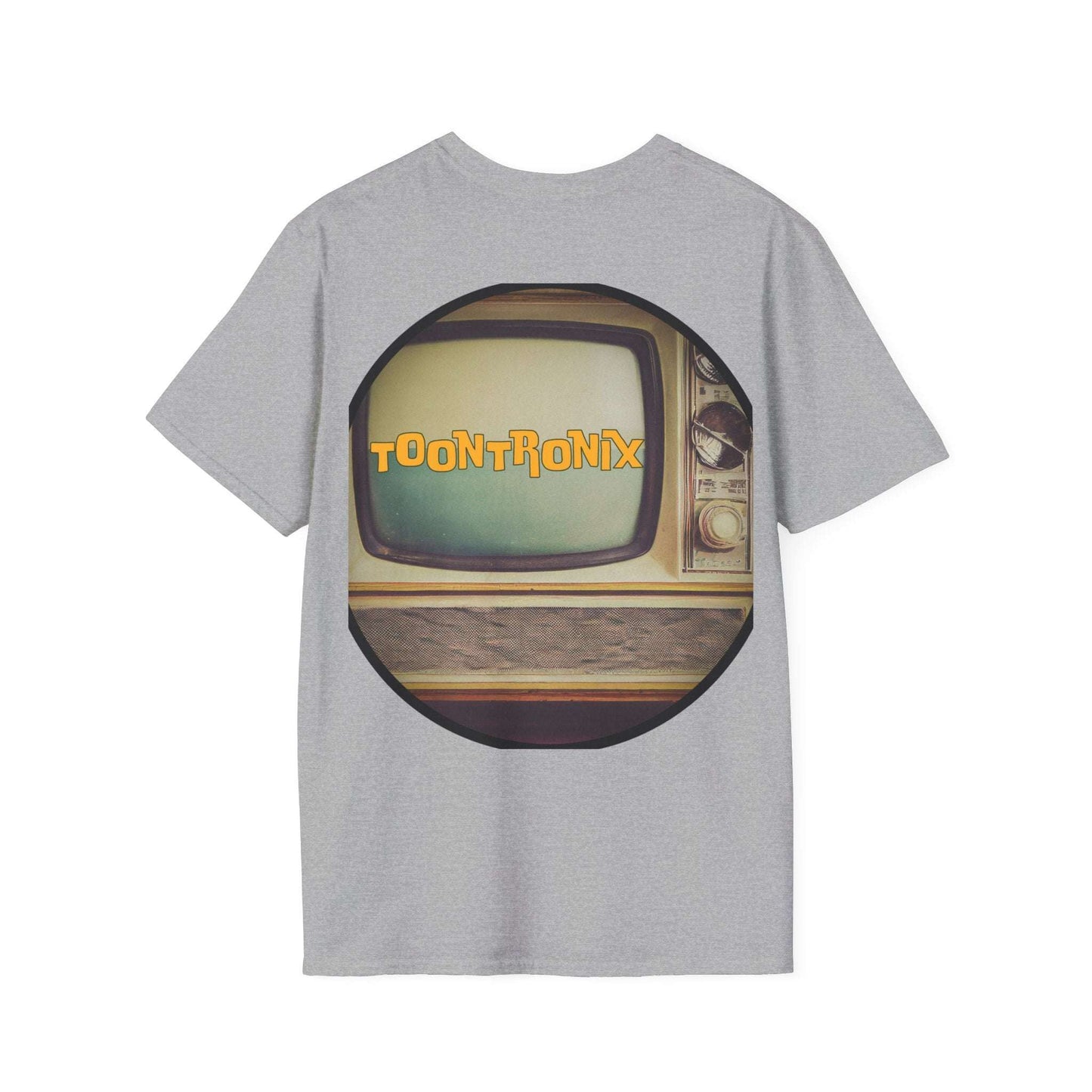 Toontronix Atomic Tv Tee featuring vintage cartoon design on gray t-shirt.