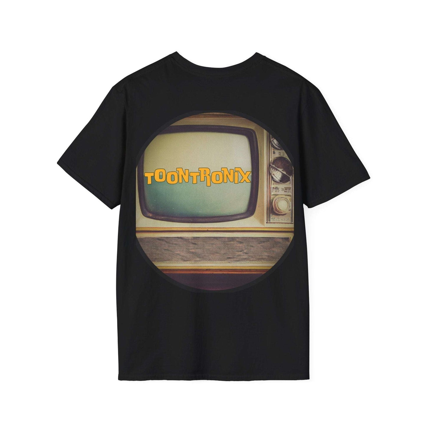 Nostalgic cartoon-themed Toontronix Atomic Tv Tee with retro TV design on black background.