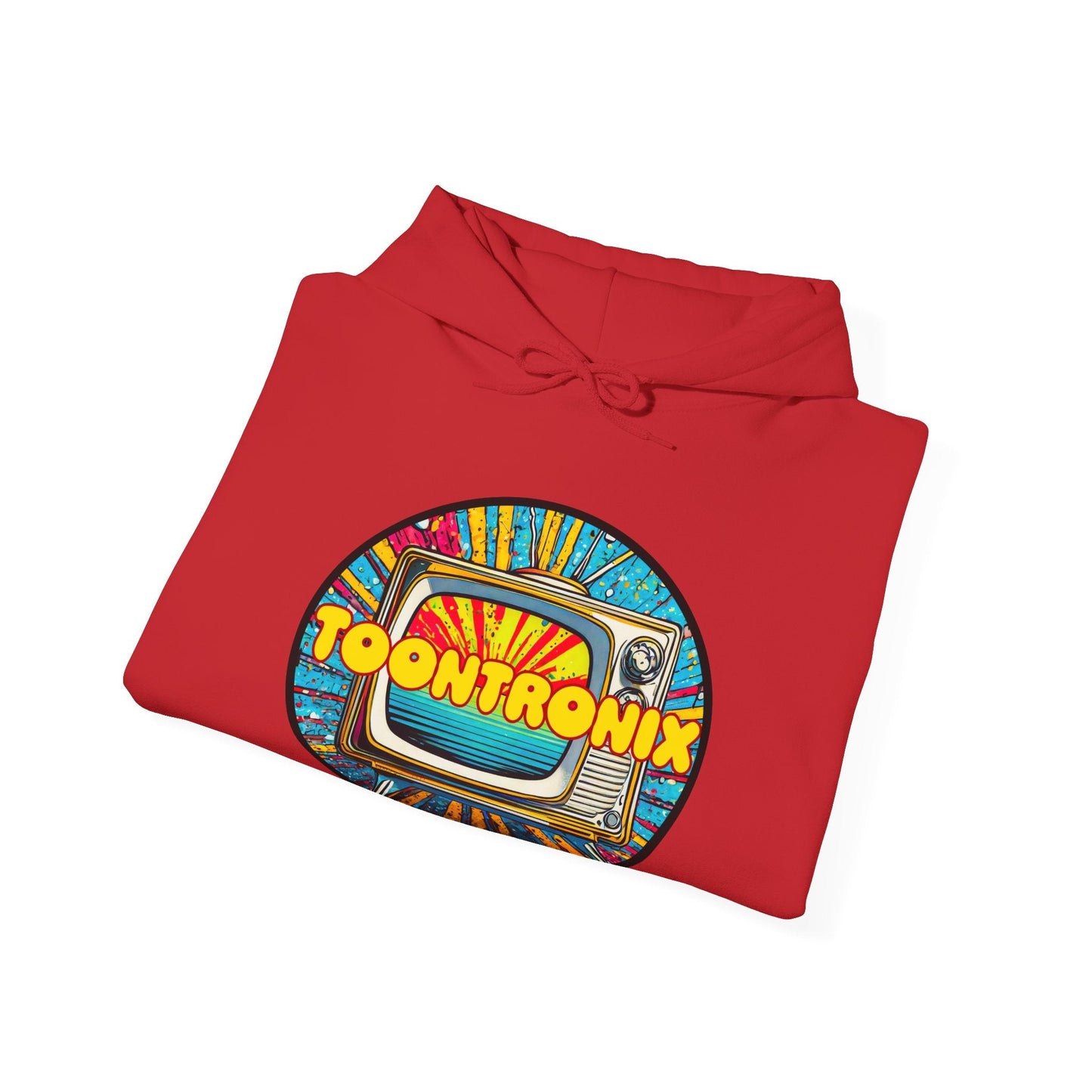 Toontronix TV Hoodie in red with vibrant printed design, unisex heavy blend sweatshirt.