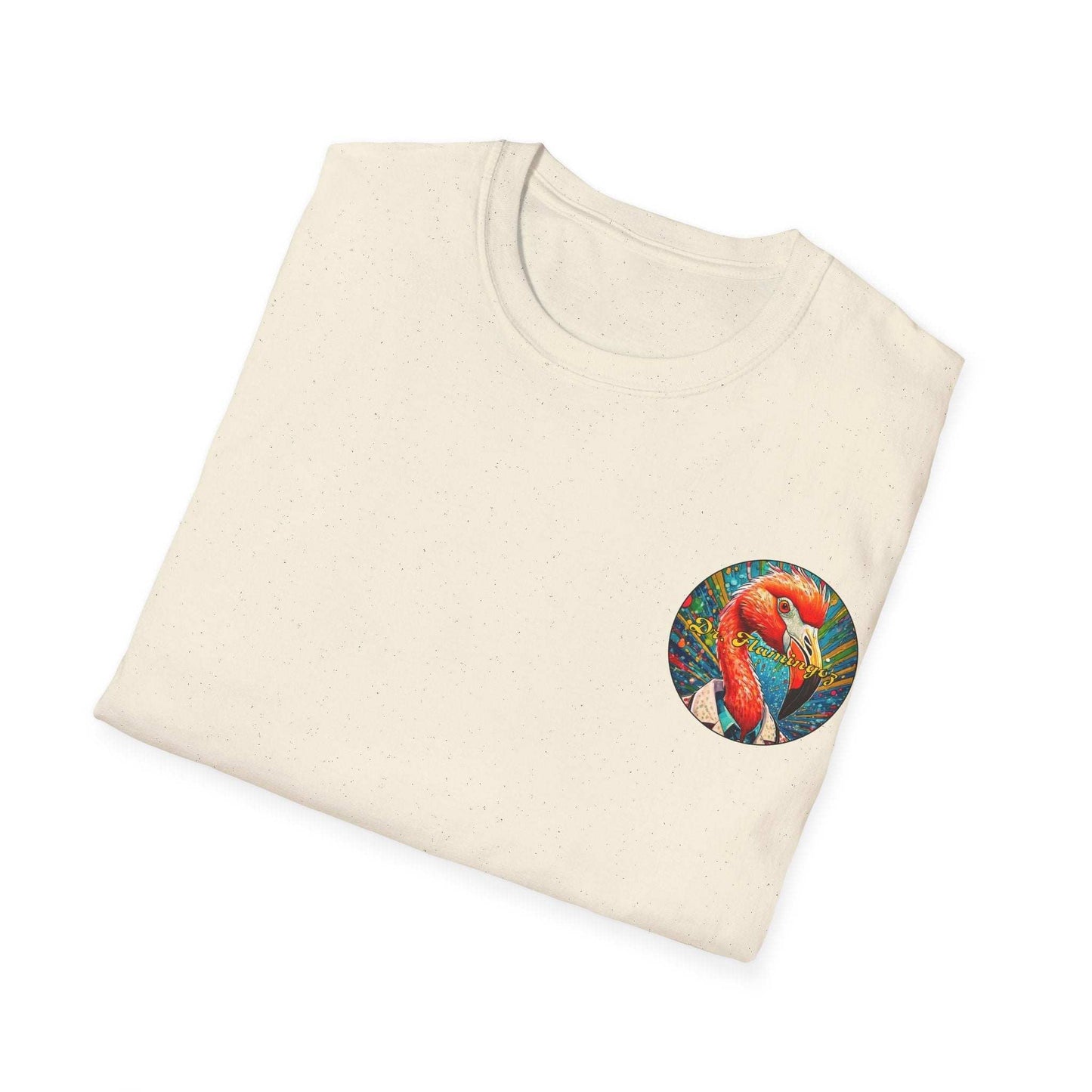 Vibrant Dr. Flamingoz unisex t-shirt with colorful flamingo graphic, perfect for casual wear and fans of animated characters.