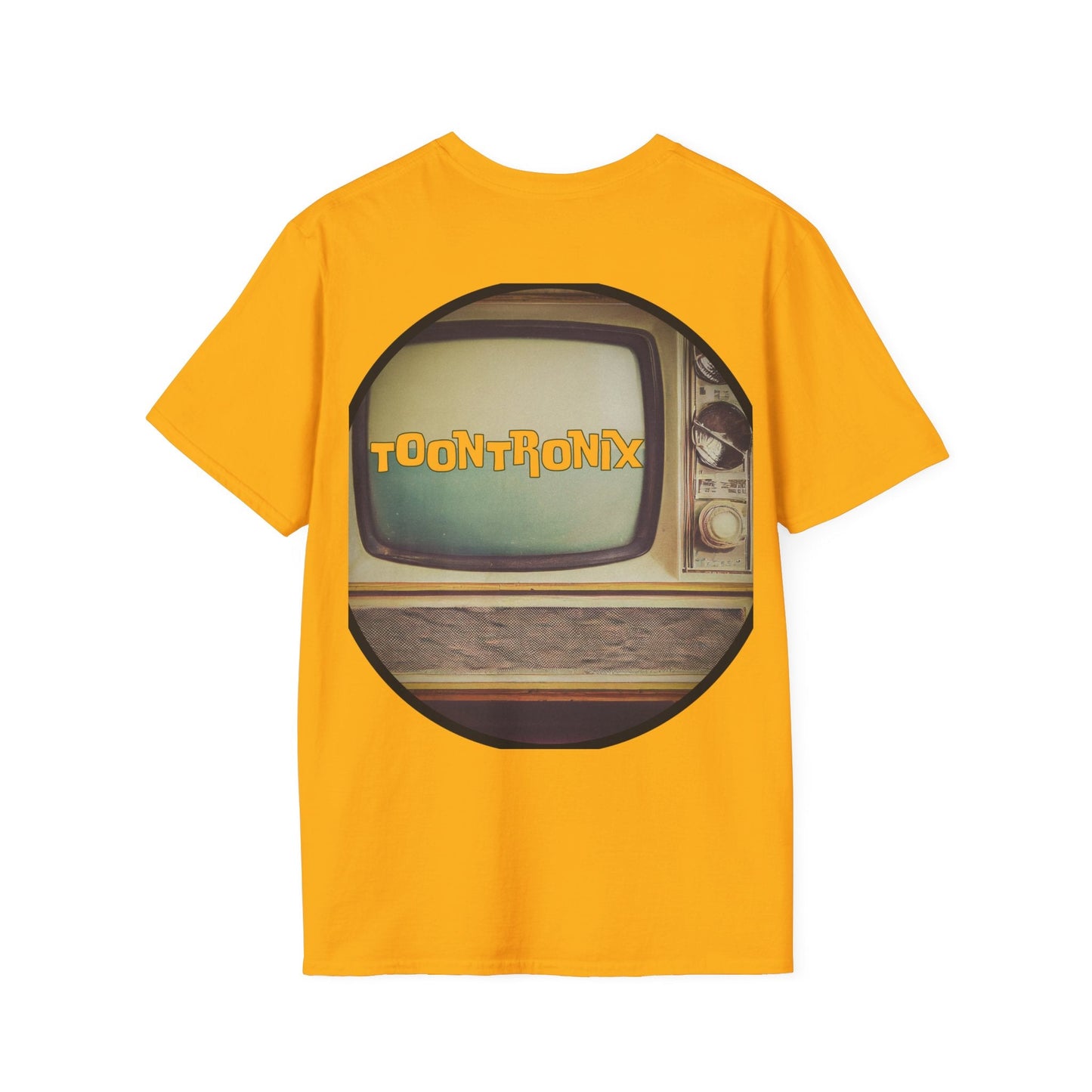 Toontronix Atomic Tv Tee with retro cartoon design on yellow cotton t-shirt.