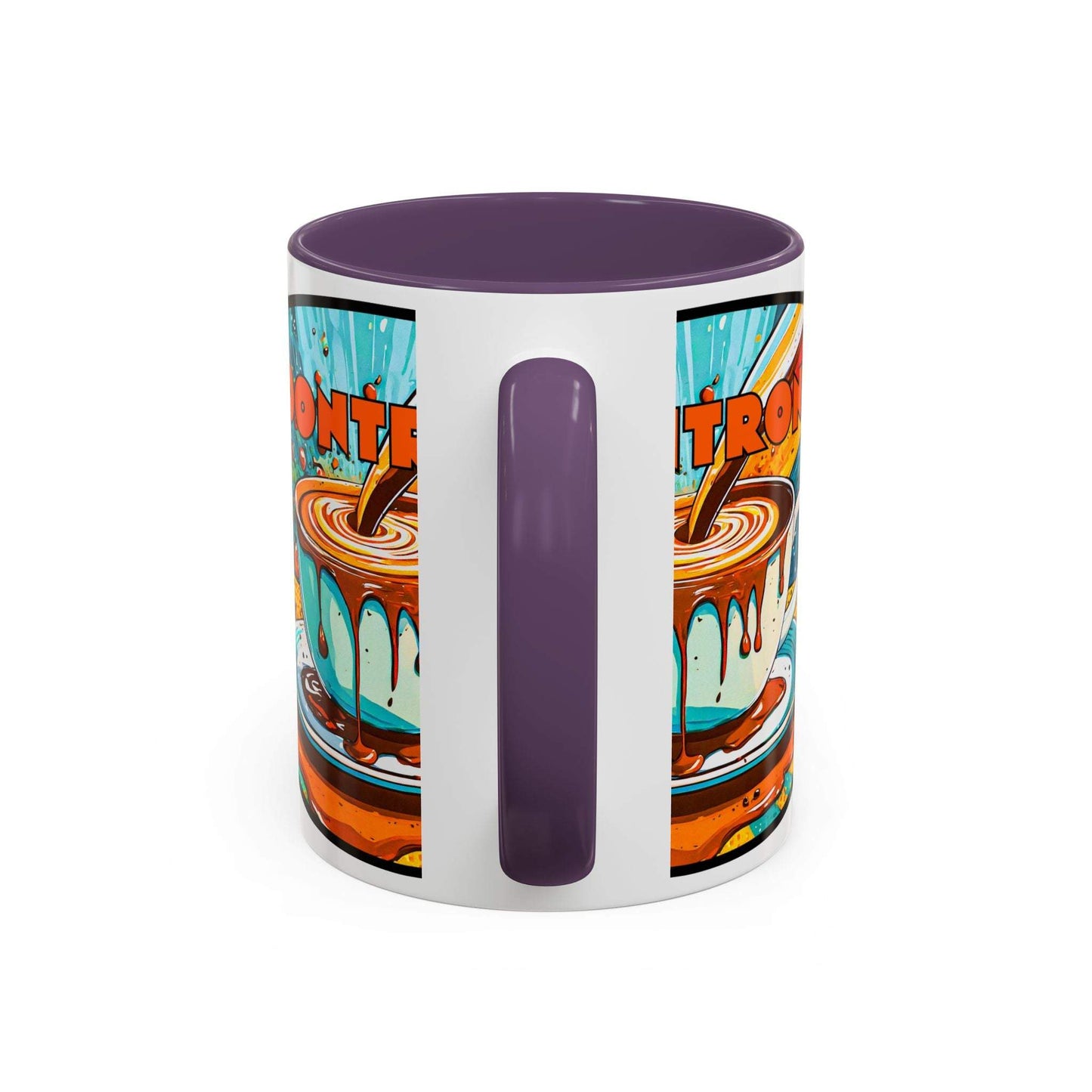 Vibrant coffee mug with colorful retro art design, featuring a durable ceramic build and contrasting interior.