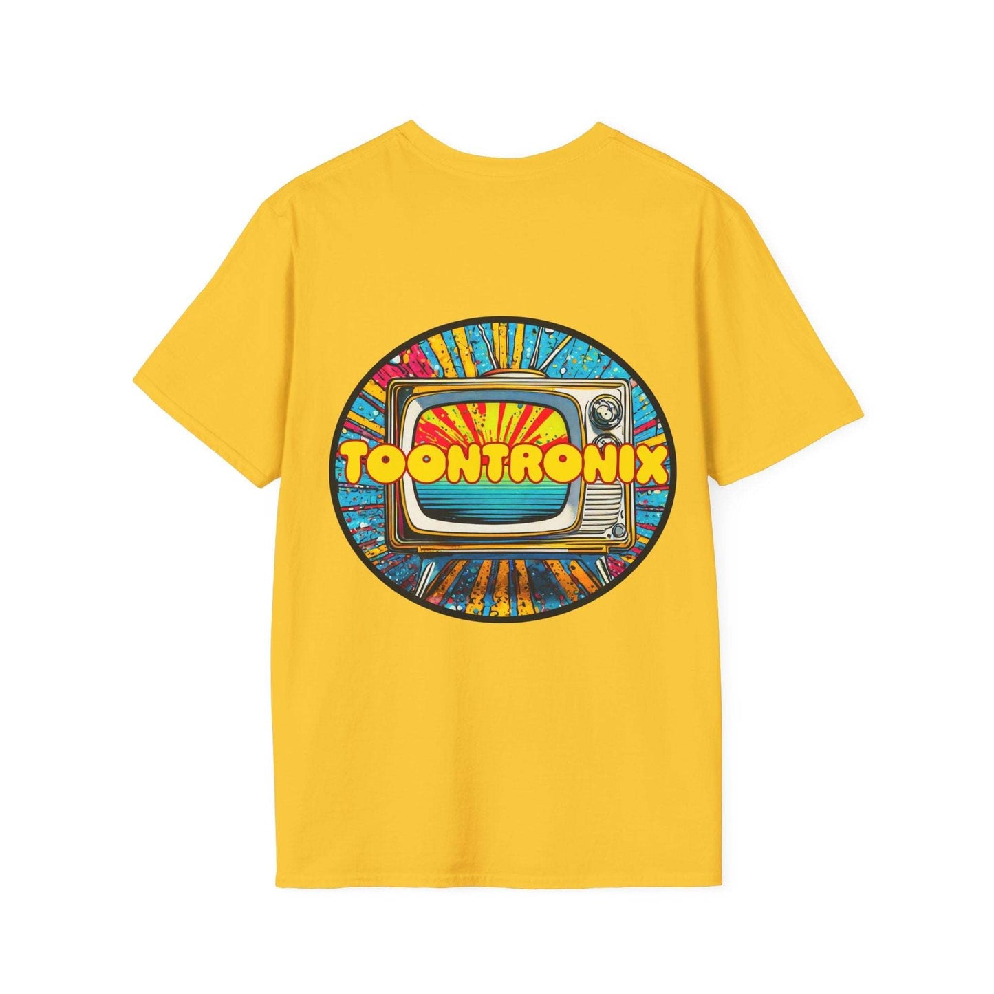 Yellow Toontronix Tv Tee Unisex Shirt with a colorful retro TV design.