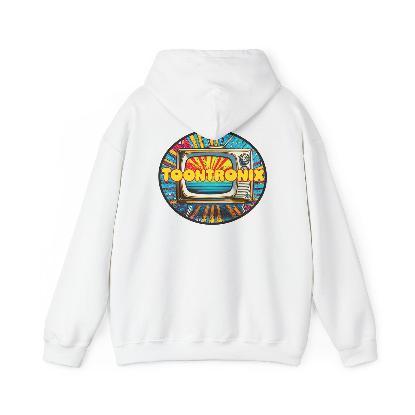 Unisex Toontronix TV Hoodie with vibrant back graphic, adjustable hood, and kangaroo pocket.