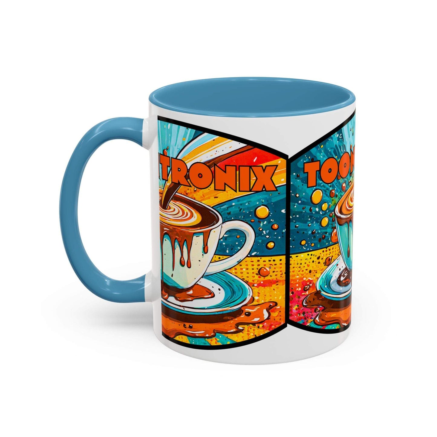 Vibrant coffee mug with colorful ceramic design, perfect for coffee lovers and unique kitchen decor.