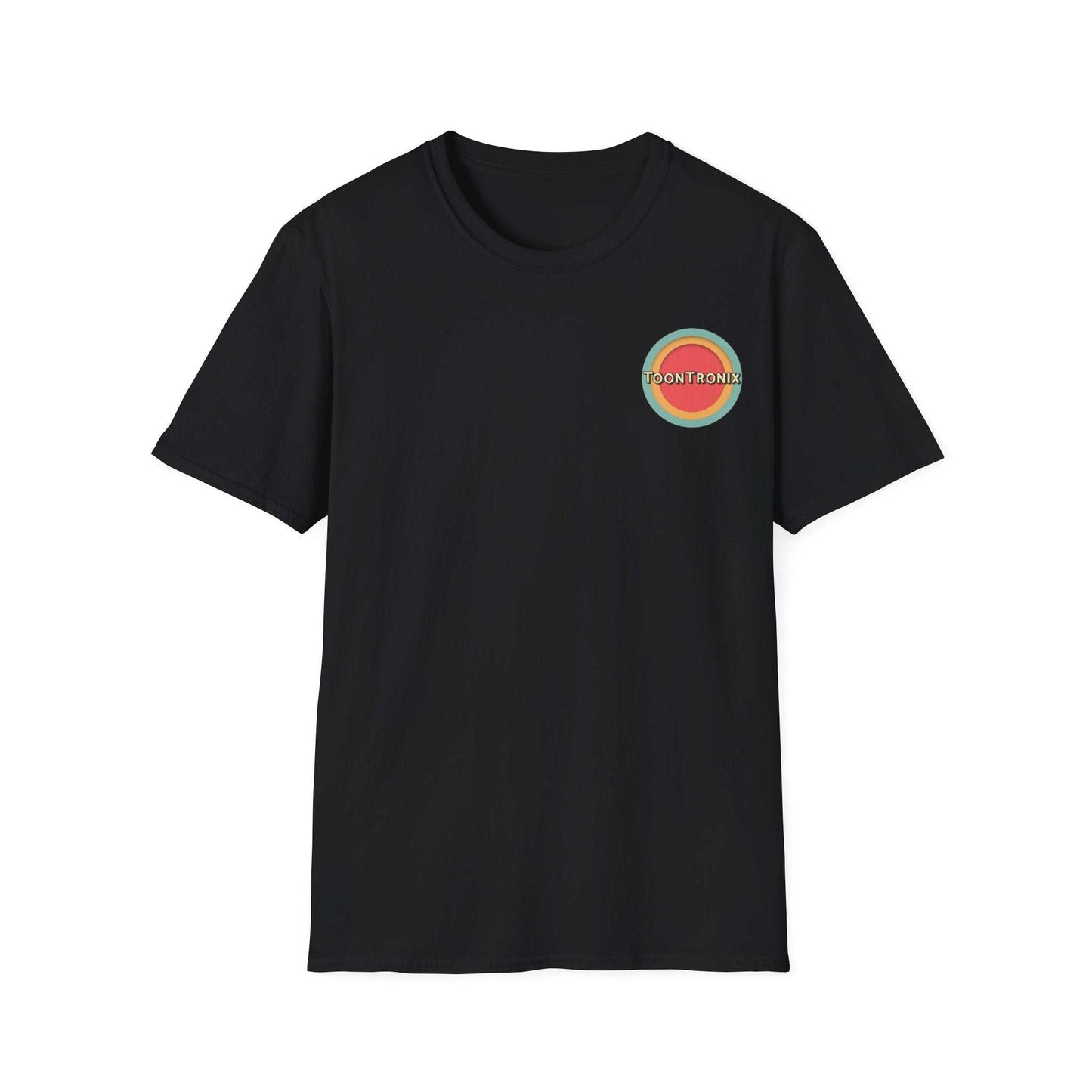 Unisex Toontronix Tv Tee with ribbed collar, 100% cotton, black, featuring Toontronix logo.