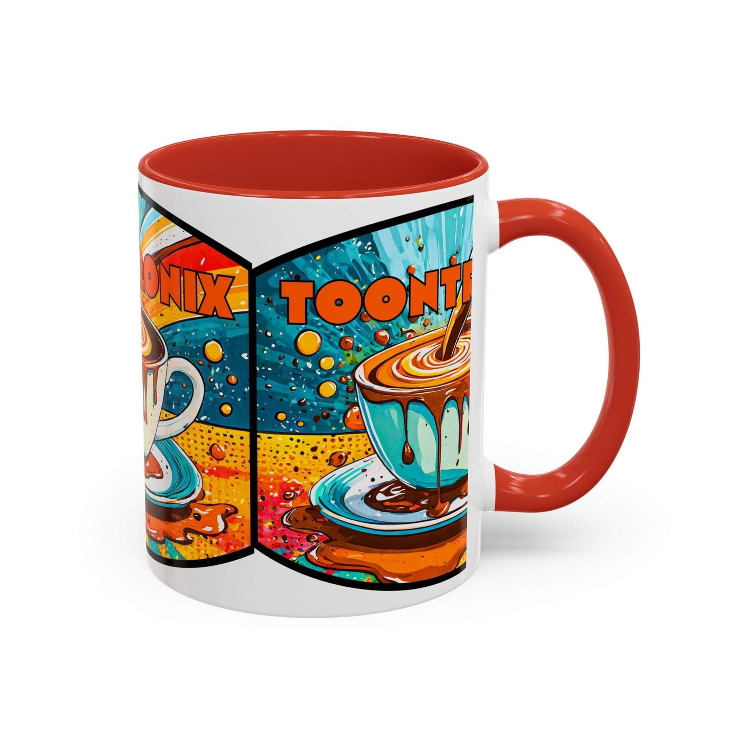 Vibrant Coffee Mug with colorful retro art design, ceramic, ideal for coffee lovers.