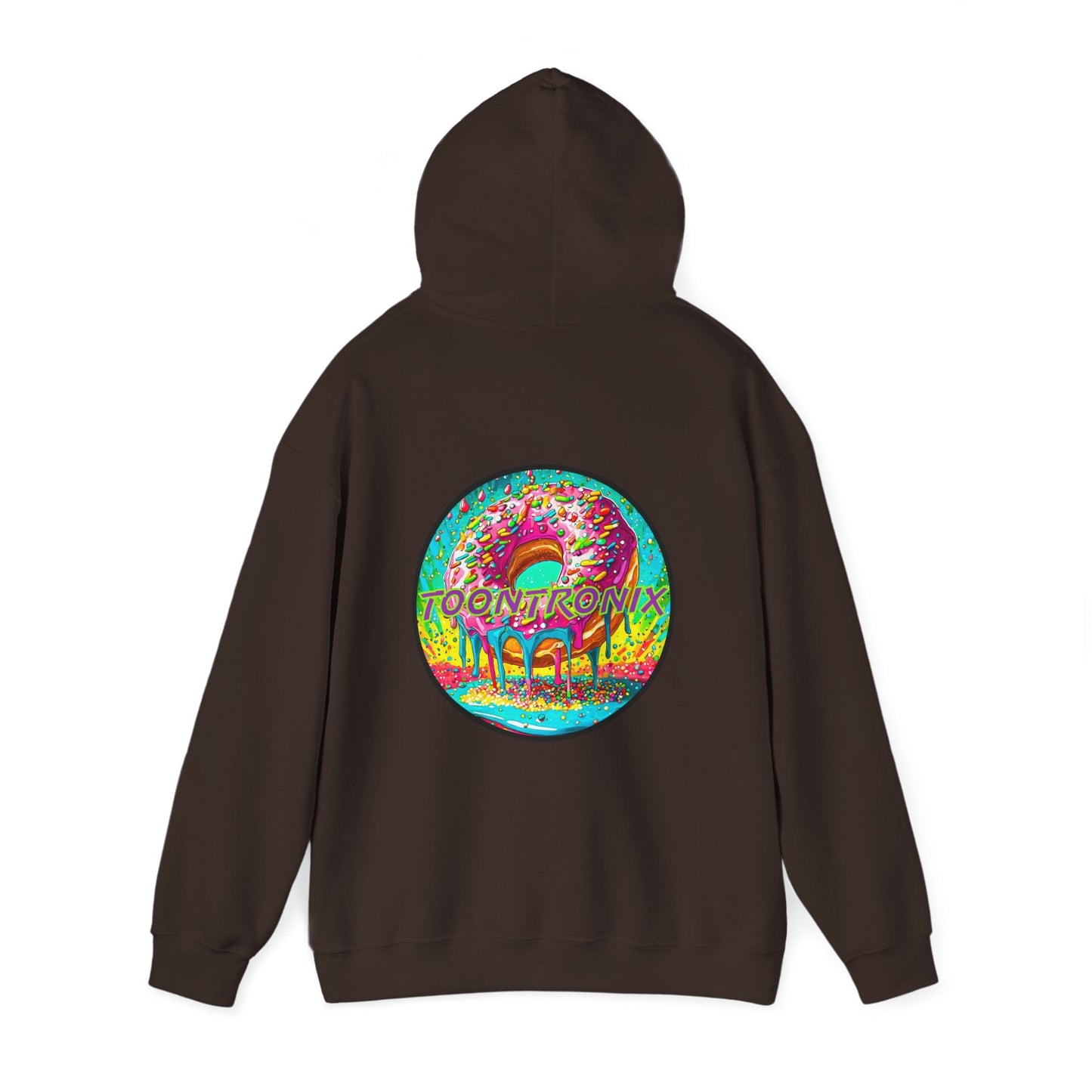 Unisex Toontronix Donut Hoodie with colorful back print, cozy heavy blend fabric.