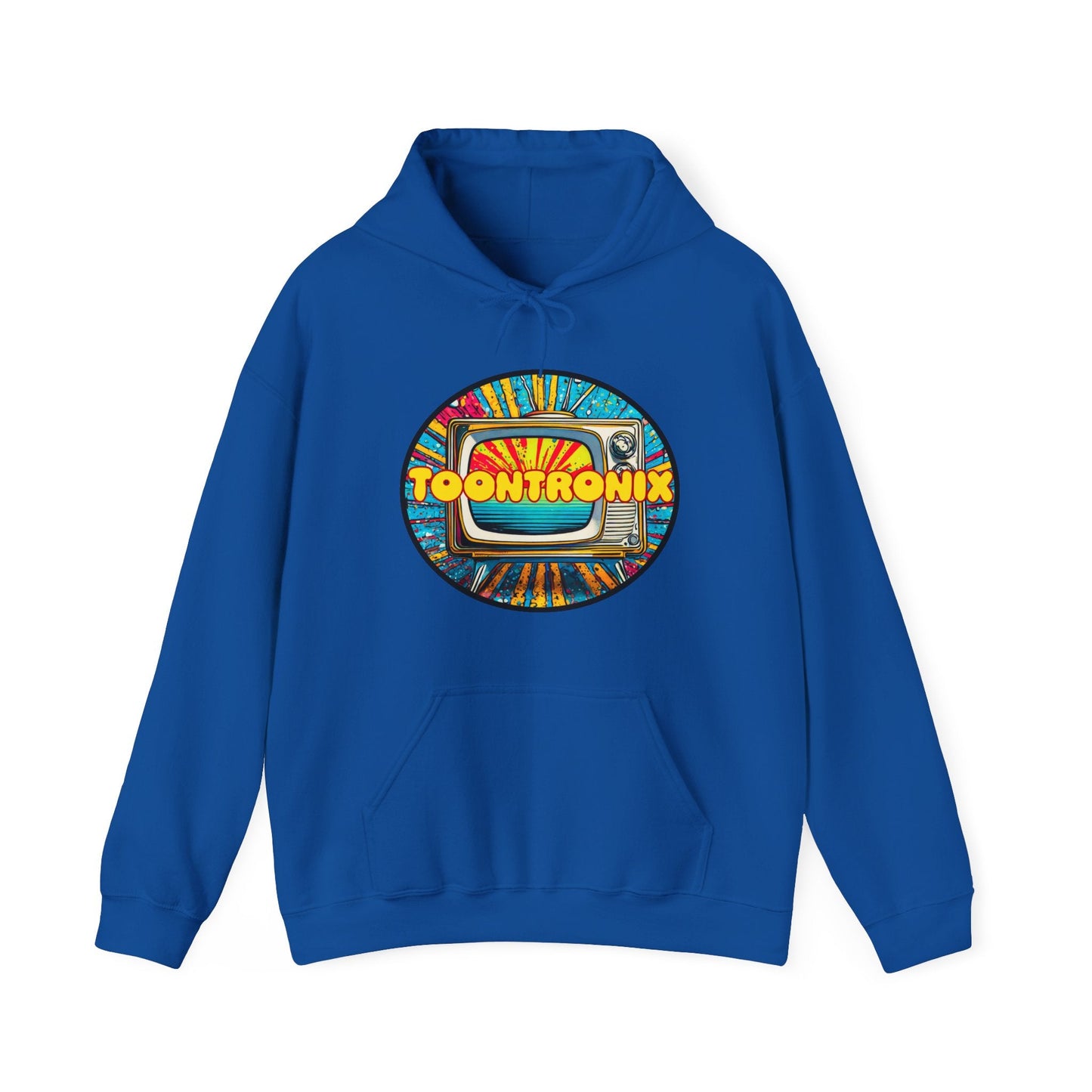 Unisex Toontronix TV Hoodie in blue featuring colorful graphic on front, cozy kangaroo pocket, and adjustable hood.
