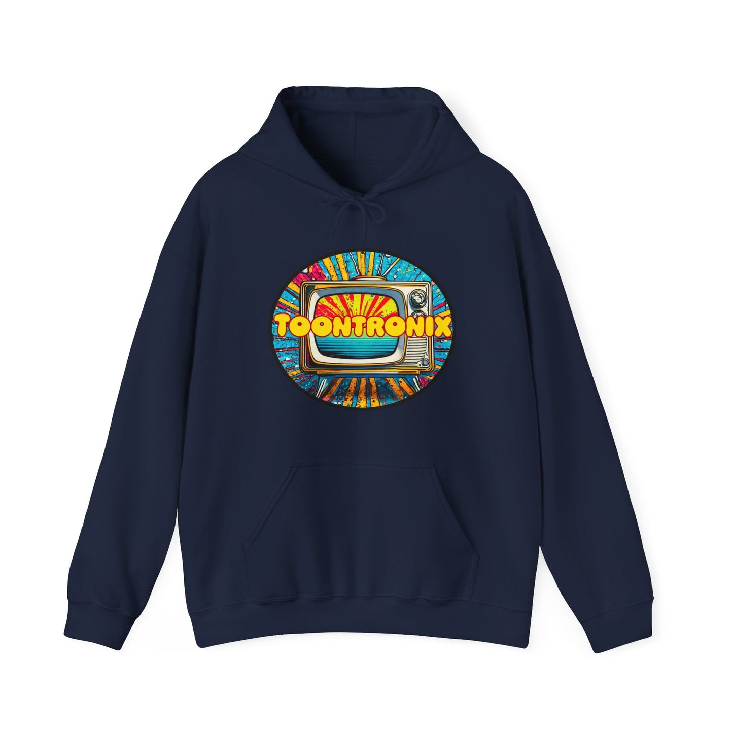 Unisex Toontronix TV Hoodie with vibrant design, spacious kangaroo pocket, and adjustable drawstring hood for comfort and style.