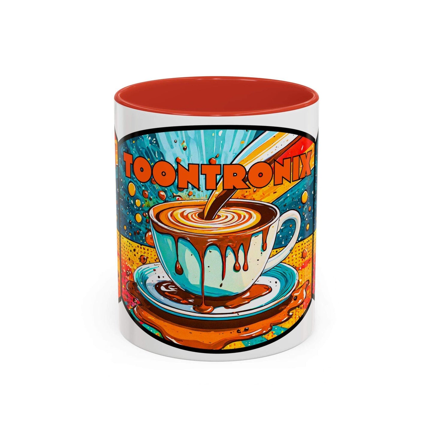 Vibrant coffee mug with colorful retro art design, Toontronix drip coffee cup.